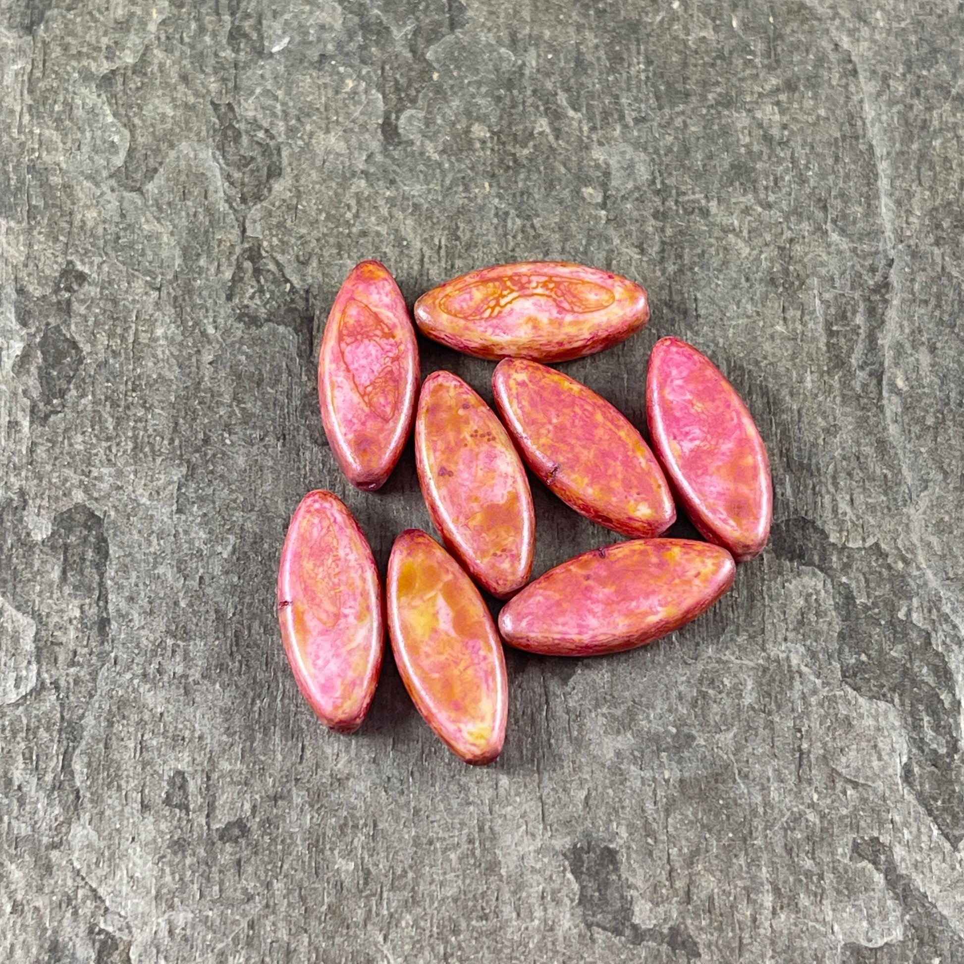 Czech Glass - 17x8mm Marquise Spindle Bead, Alabaster Rose Pink Picasso (PSpndl-13) * 8 Beads
