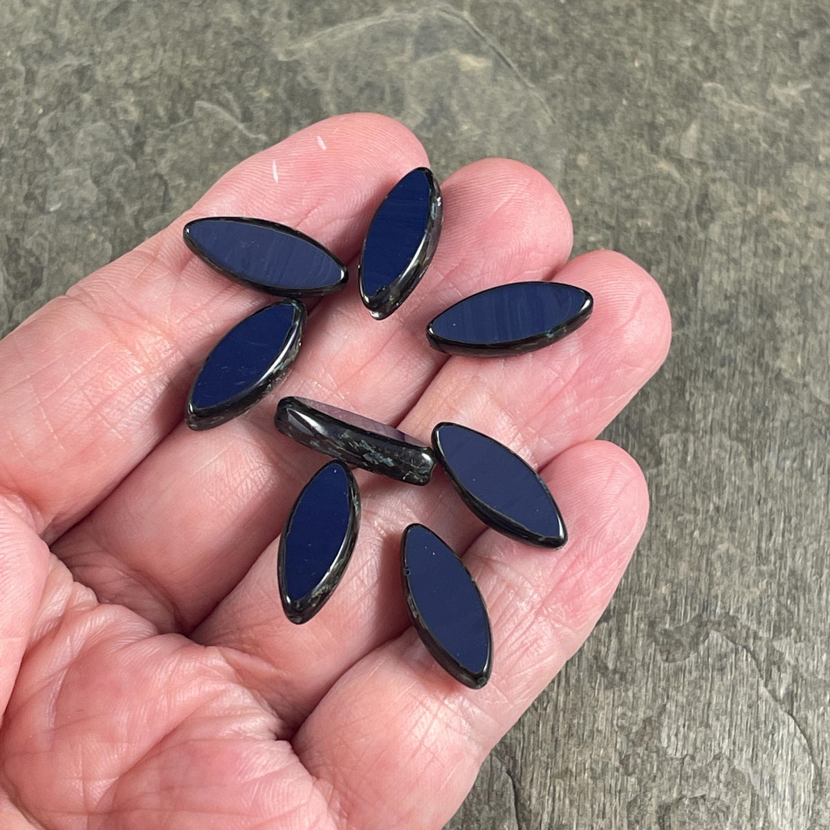 Czech Glass - 17x7mm Table Cut Marquise Spindle Bead, Navy Blue Picasso (Spndl-N) * 8 Beads