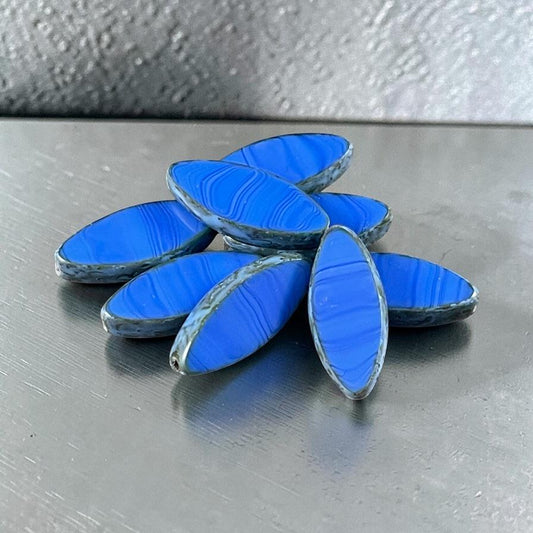 Czech Glass - 17x7mm Table Cut Marquise Spindle Bead, Royal Blue Picasso (Spndl-28) * 8 Beads