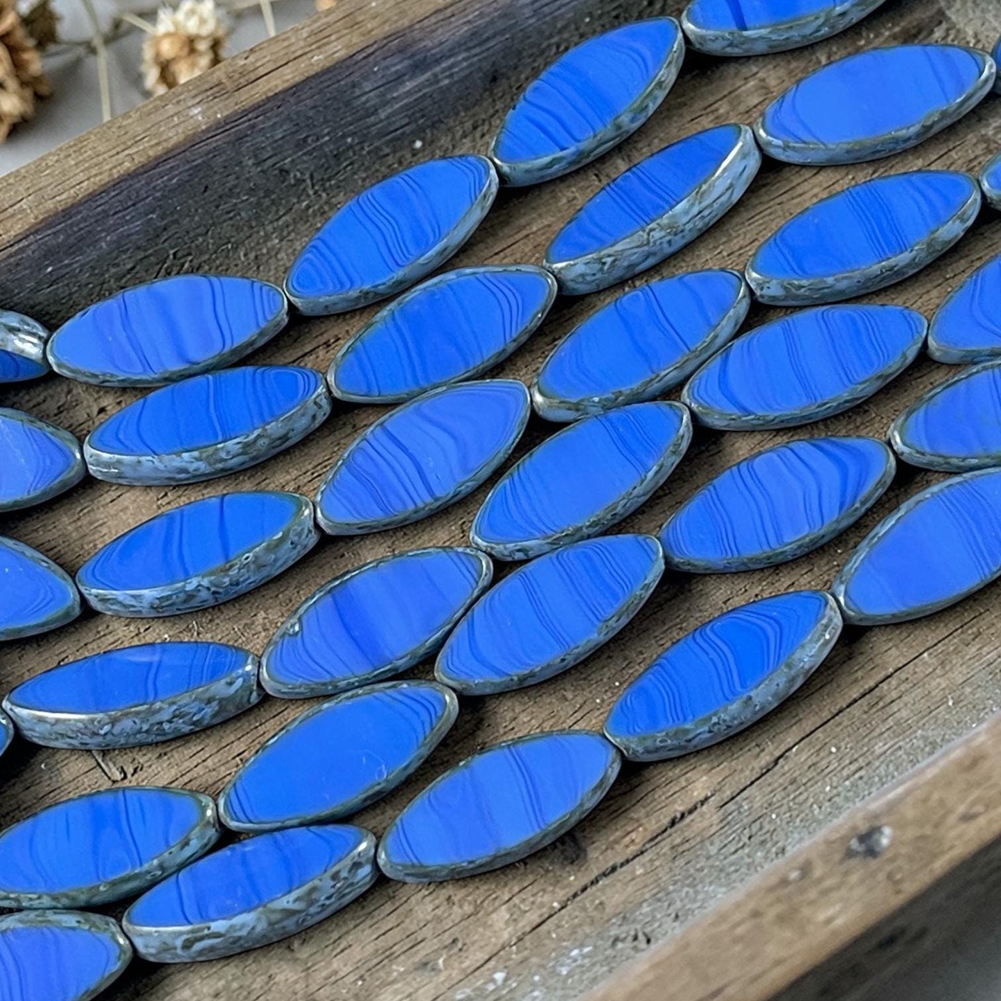 Czech Glass - 17x7mm Table Cut Marquise Spindle Bead, Royal Blue Picasso (Spndl-28) * 8 Beads