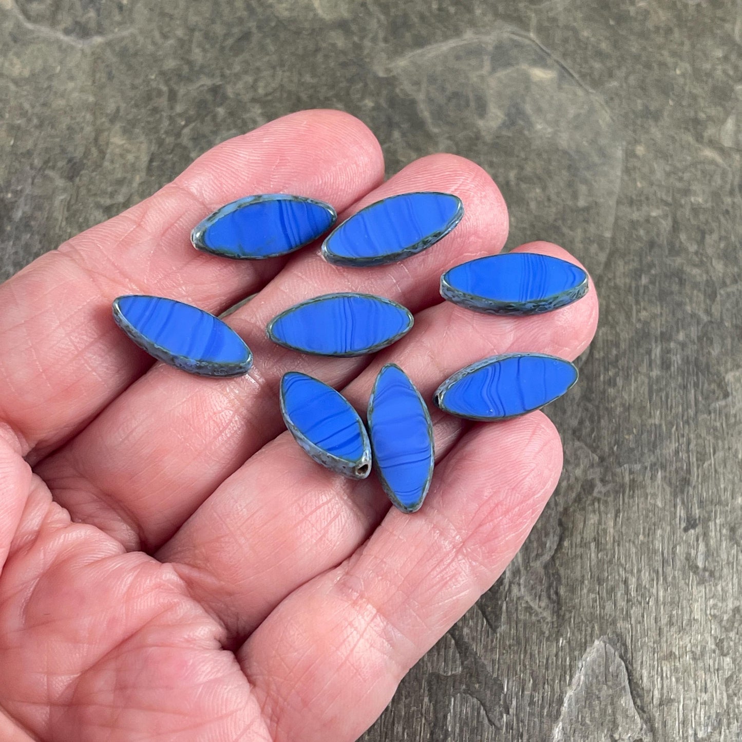 Czech Glass - 17x7mm Table Cut Marquise Spindle Bead, Royal Blue Picasso (Spndl-28) * 8 Beads