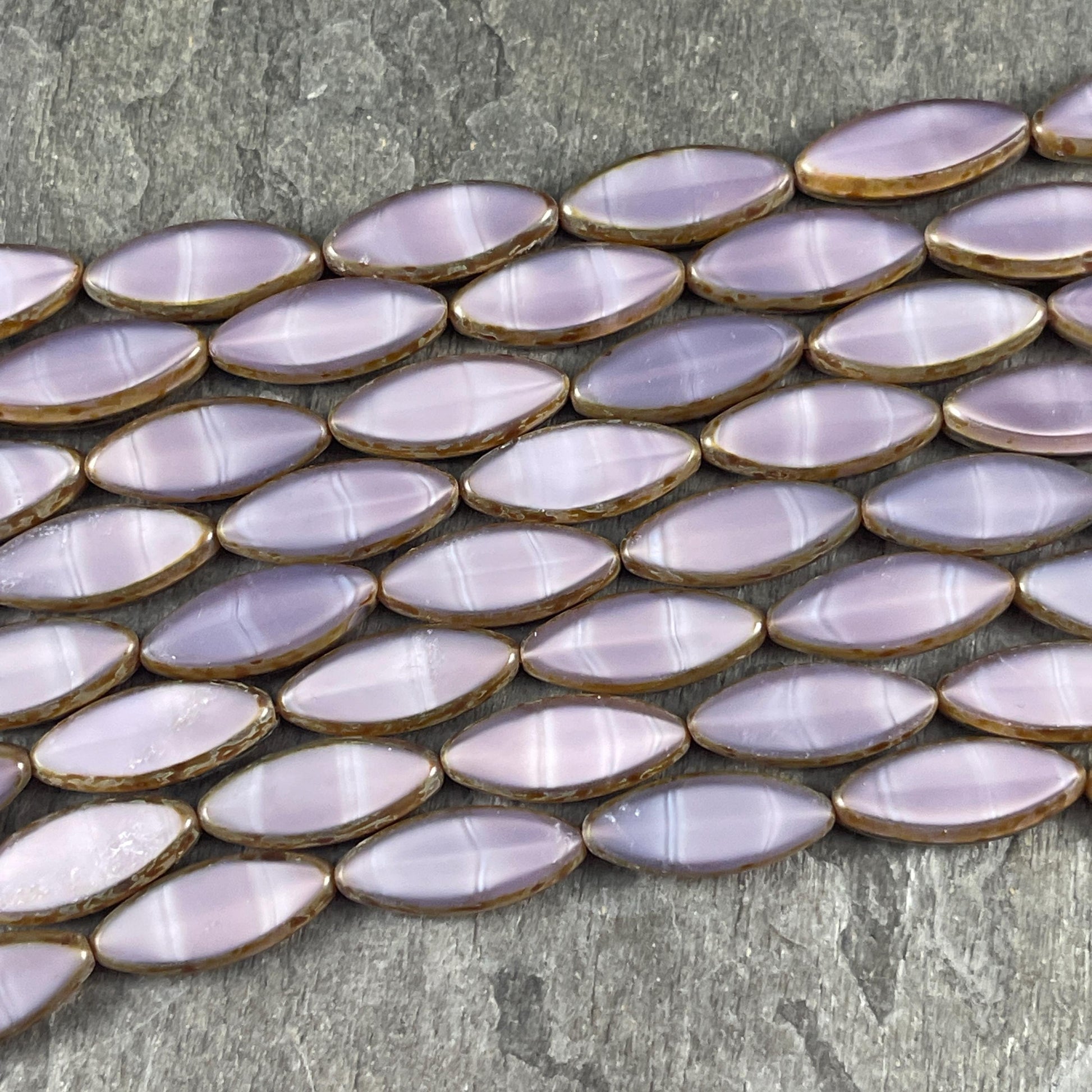 Czech Glass - 17x7mm Table Cut Marquise Spindle Bead, Lavender Silk Picasso (Spndl-10) * 8 Beads