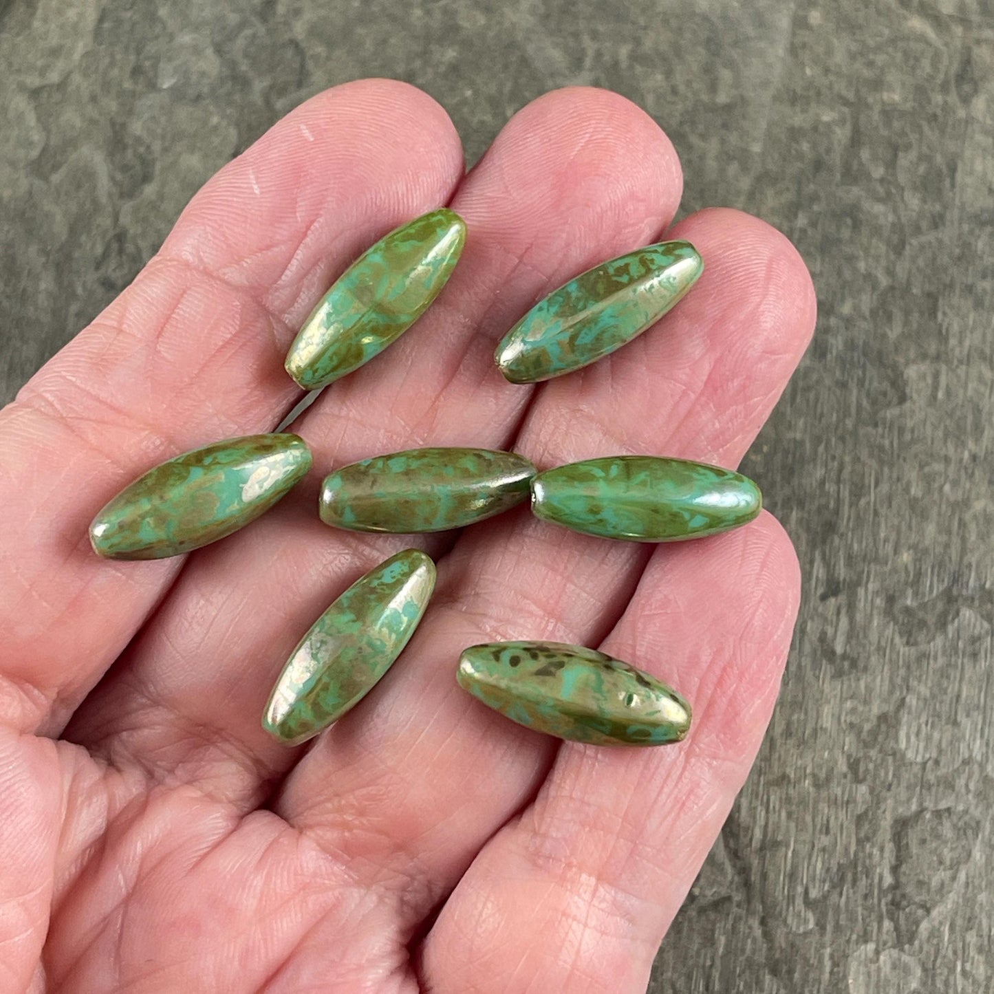 Czech Glass Beads - 19mm Oval, Turquoise Green Travertine Picasso (EO-TT) * 8 Beads