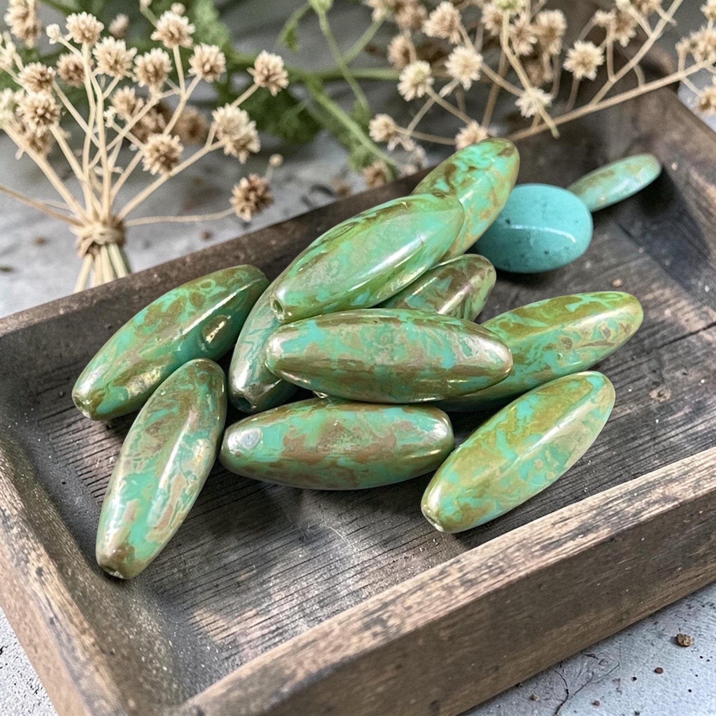 Czech Glass Beads - 19mm Oval, Turquoise Green Travertine Picasso (EO-TT) * 8 Beads