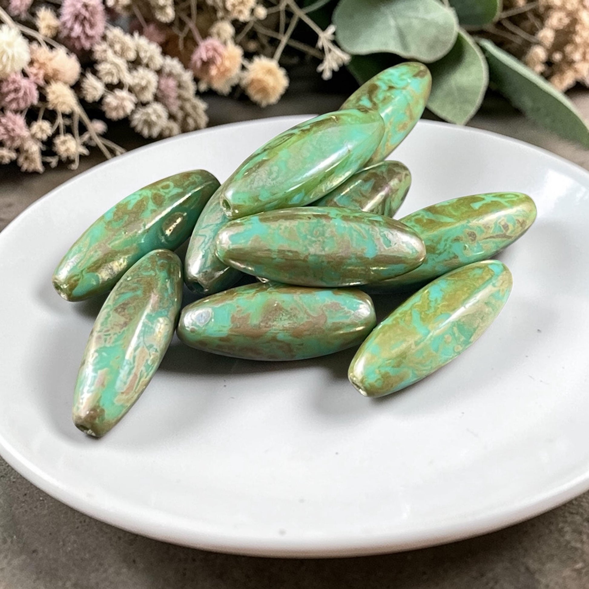 Czech Glass Beads - 19mm Oval, Turquoise Green Travertine Picasso (EO-TT) * 8 Beads