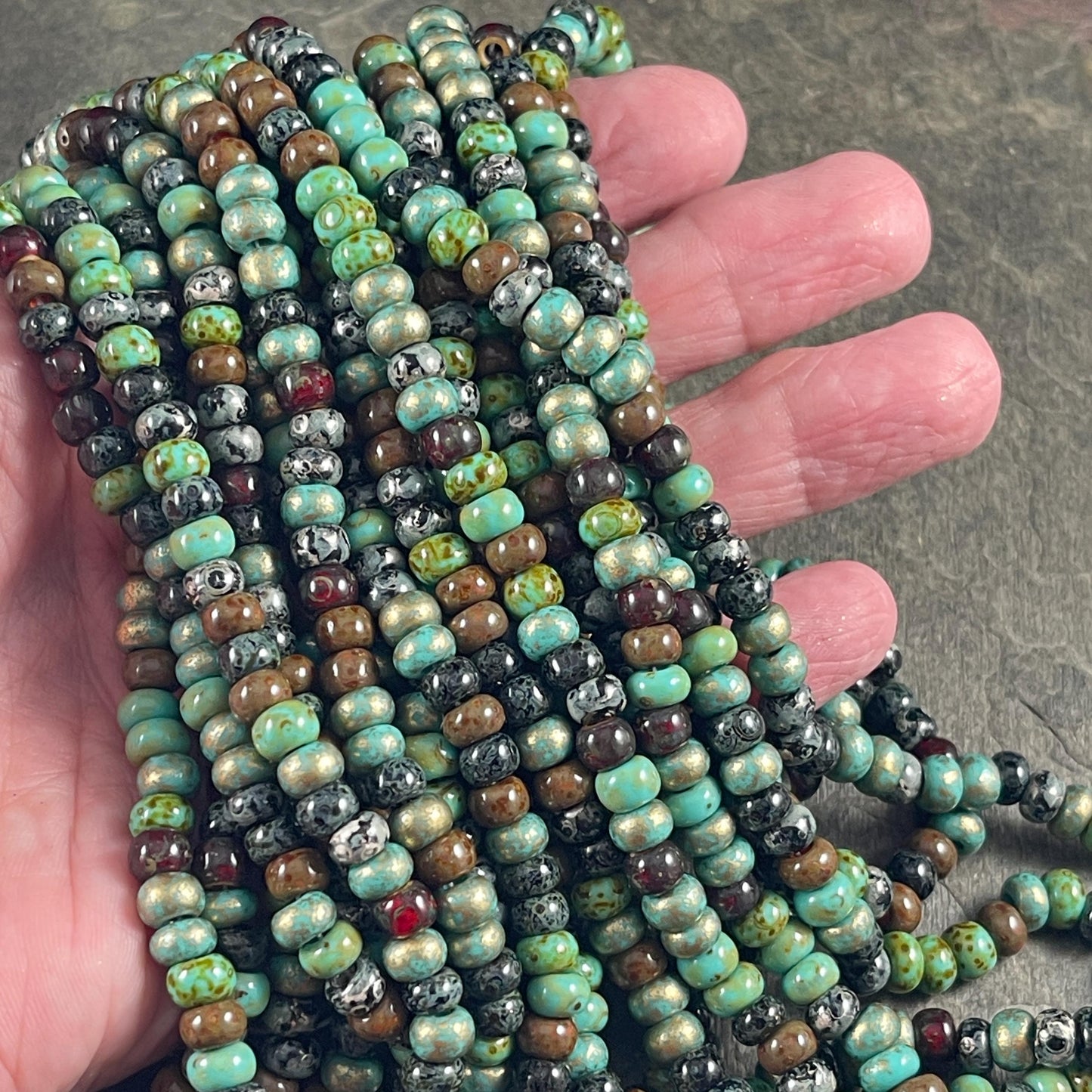 Aged Picasso Seed Beads - 2/0 Czech Glass, Turquoise and Black Metallic Picasso Mix (2/0-Jeweled Wasp) * 20" Strand