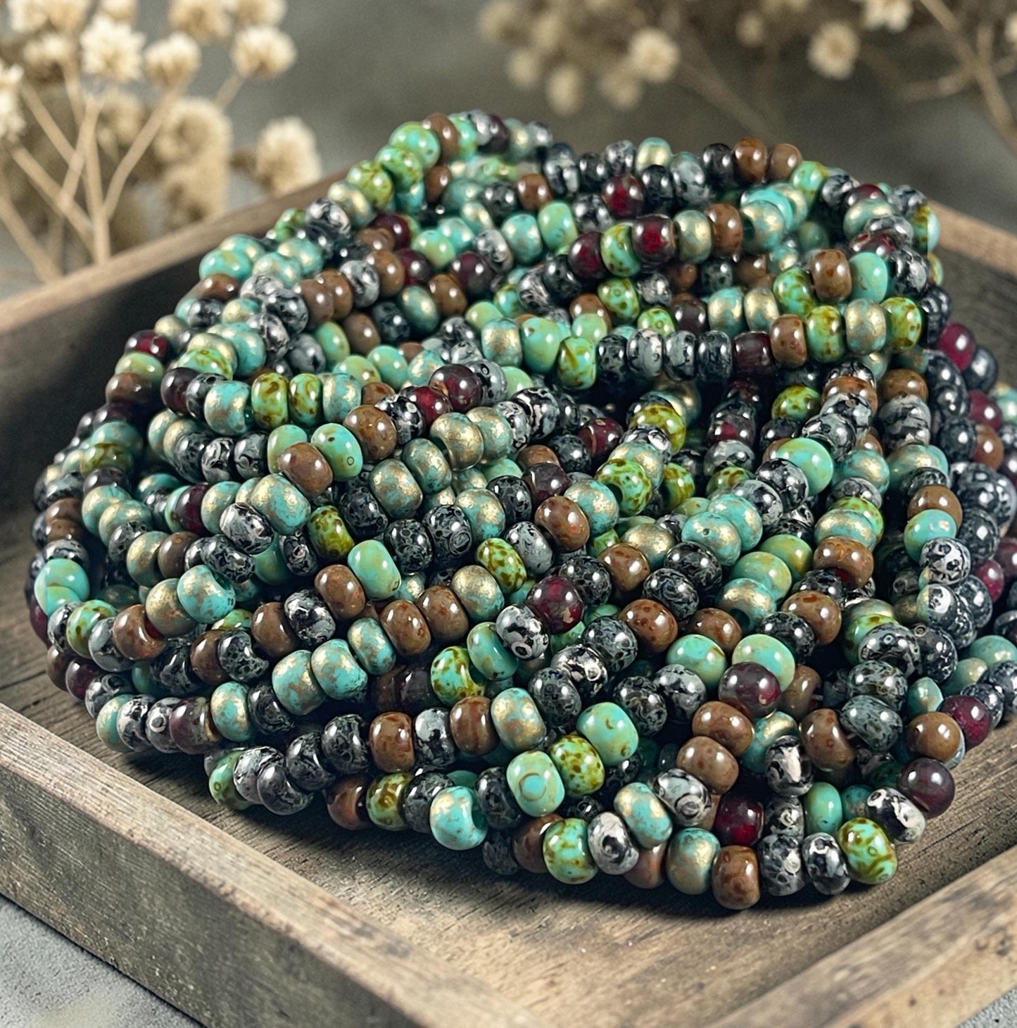 Aged Picasso Seed Beads - 2/0 Czech Glass, Turquoise and Black Metallic Picasso Mix (2/0-Jeweled Wasp) * 20" Strand