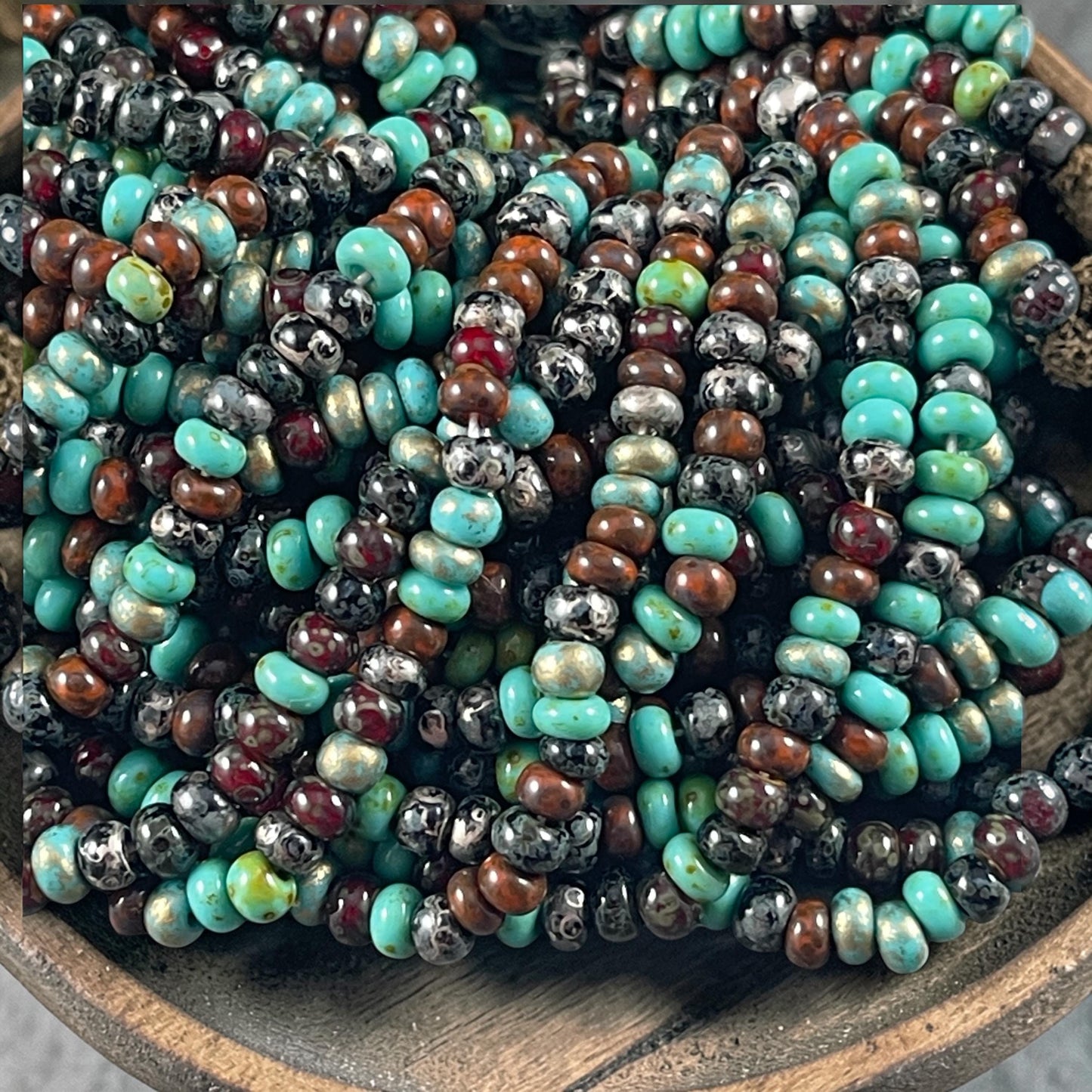 Aged Picasso Beads - 4mm Czech Glass Turquoise and Black Metallic Turquoise Mix (6/0-Jeweled) * 20" strand