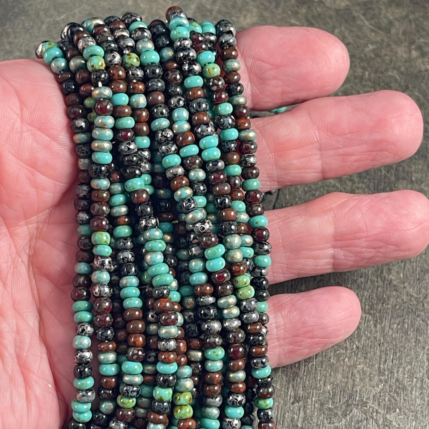 Aged Picasso Beads - 4mm Czech Glass Turquoise and Black Metallic Turquoise Mix (6/0-Jeweled) * 20" strand