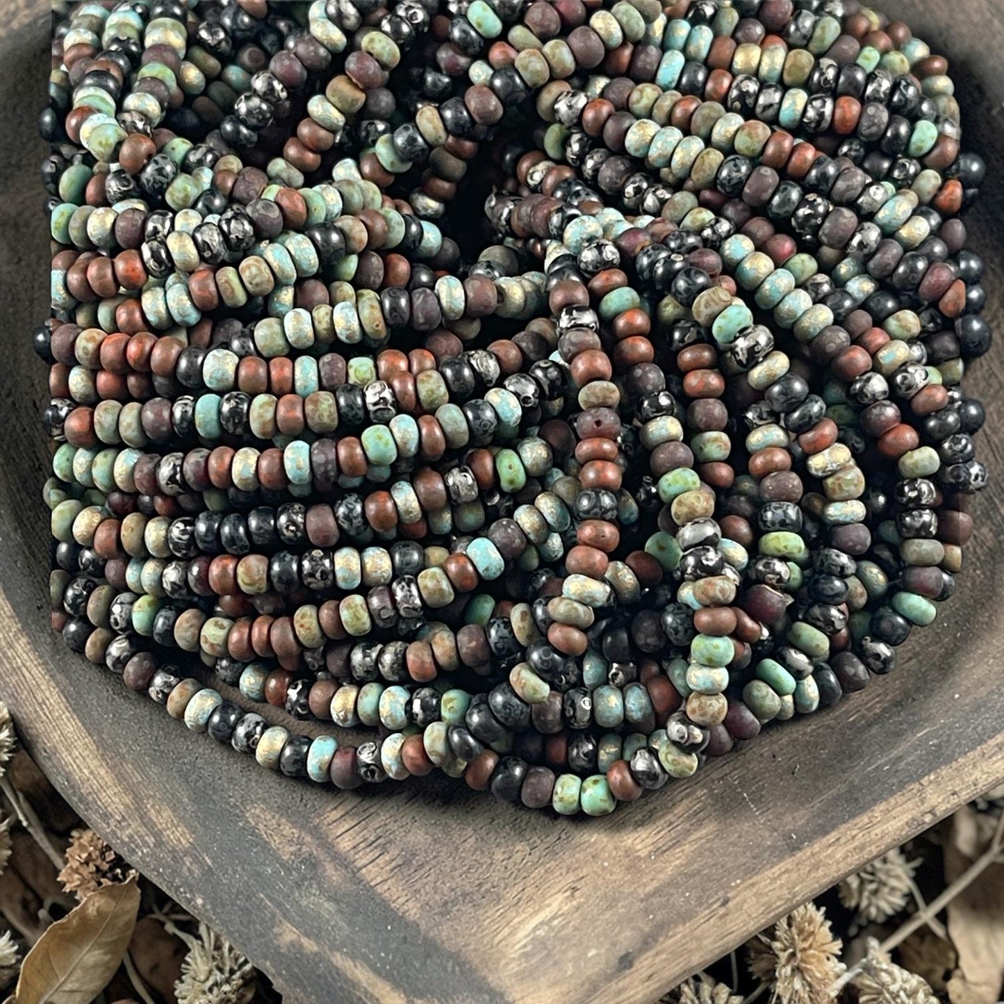 Aged Picasso Beads - 4mm Czech Glass Turquoise and Black Metallic Turquoise Mix (6/0-JeweledMATTE) * 20" strand