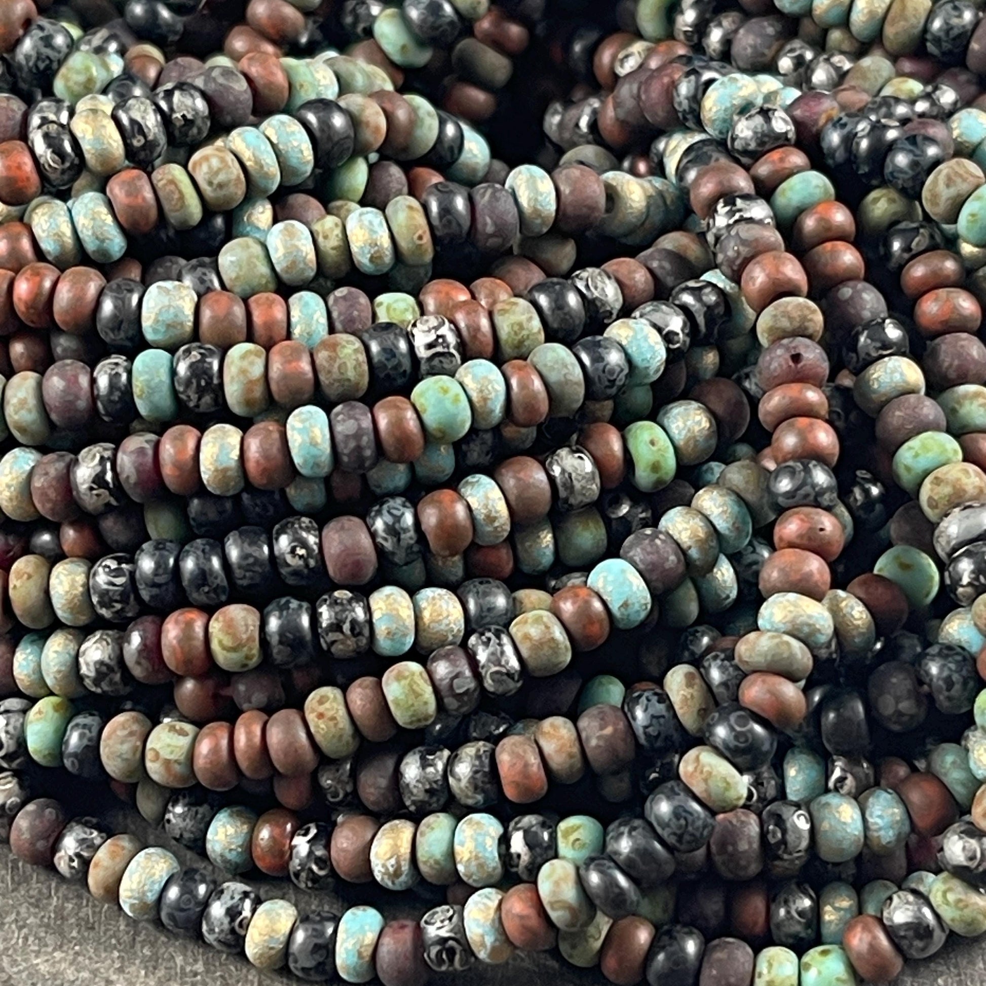 Aged Picasso Beads - 4mm Czech Glass Turquoise and Black Metallic Turquoise Mix (6/0-JeweledMATTE) * 20" strand