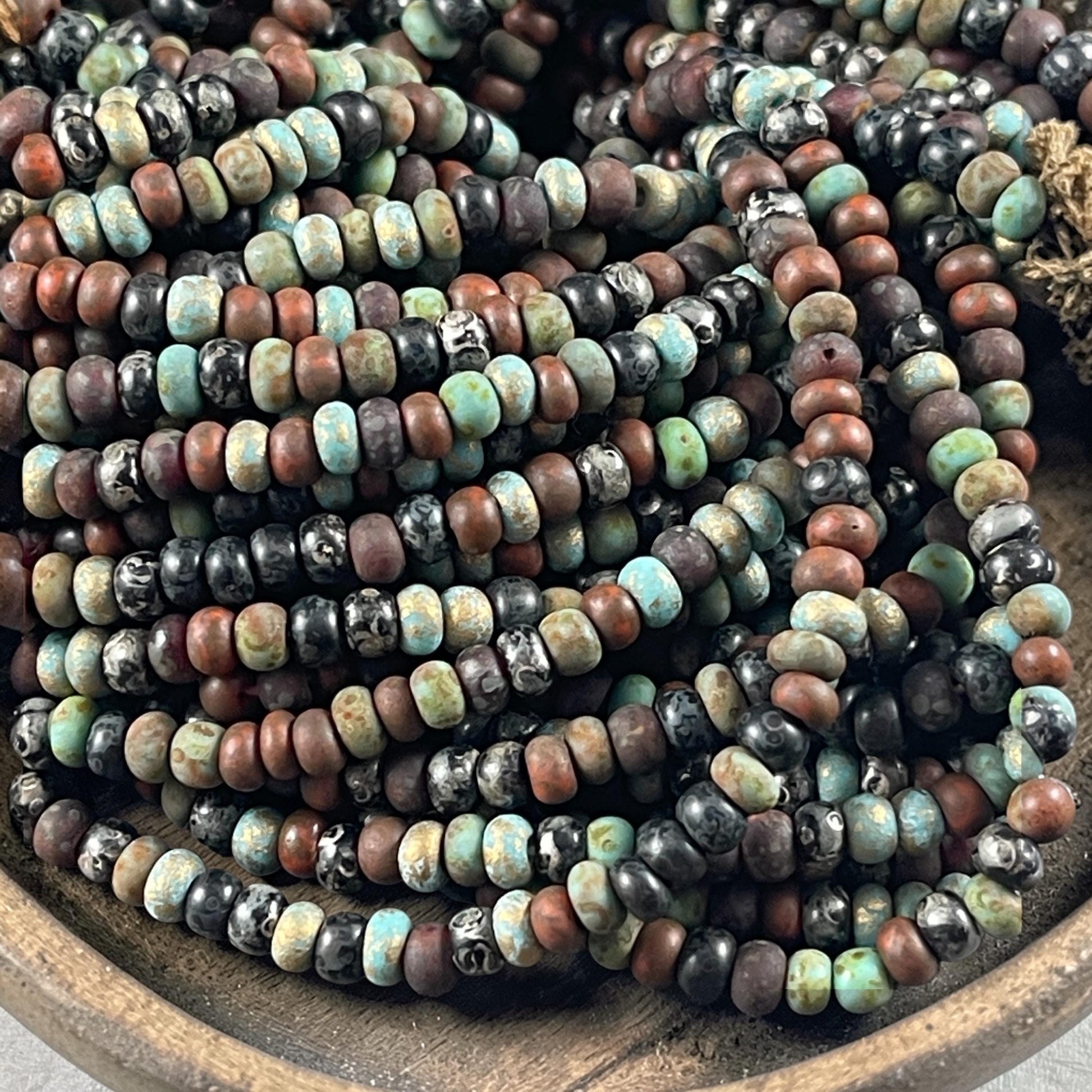 Aged Picasso Beads - 4mm Czech Glass Turquoise and Black Metallic Turquoise Mix (6/0-JeweledMATTE) * 20" strand