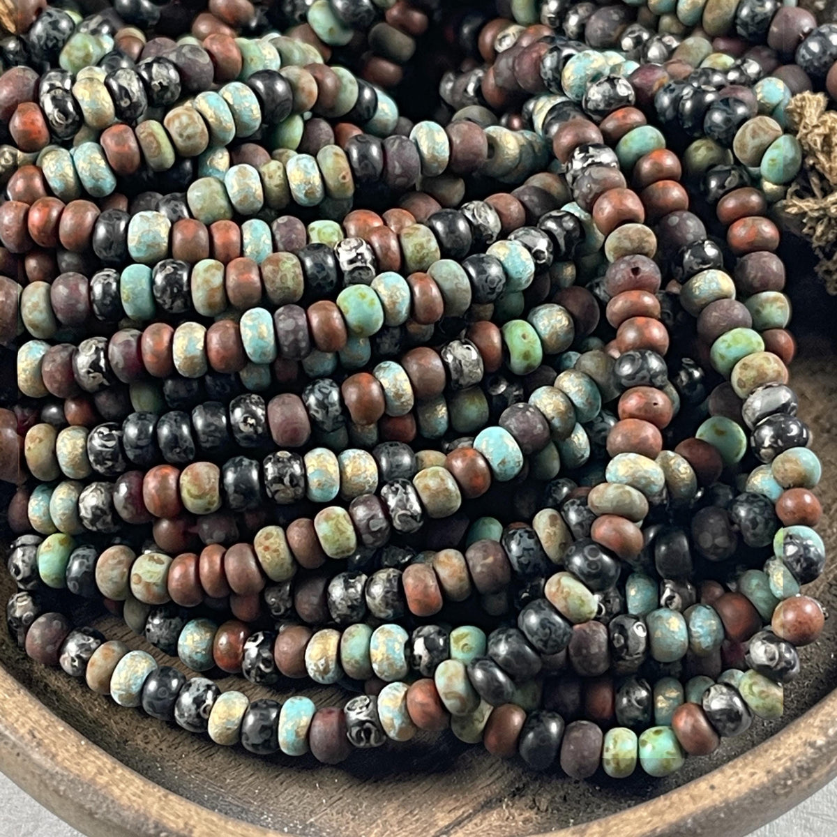 Aged Picasso Beads - 4mm Czech Glass Turquoise and Black Metallic Turquoise Mix (6/0-JeweledMATTE) * 20" strand