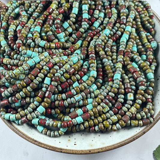 Aged Picasso Beads - 6/0 Czech Glass Mix with Tubes, Olive Green, Turquoise blue and Brick Red Picasso (6/0-DruidBugle) * 20" strand