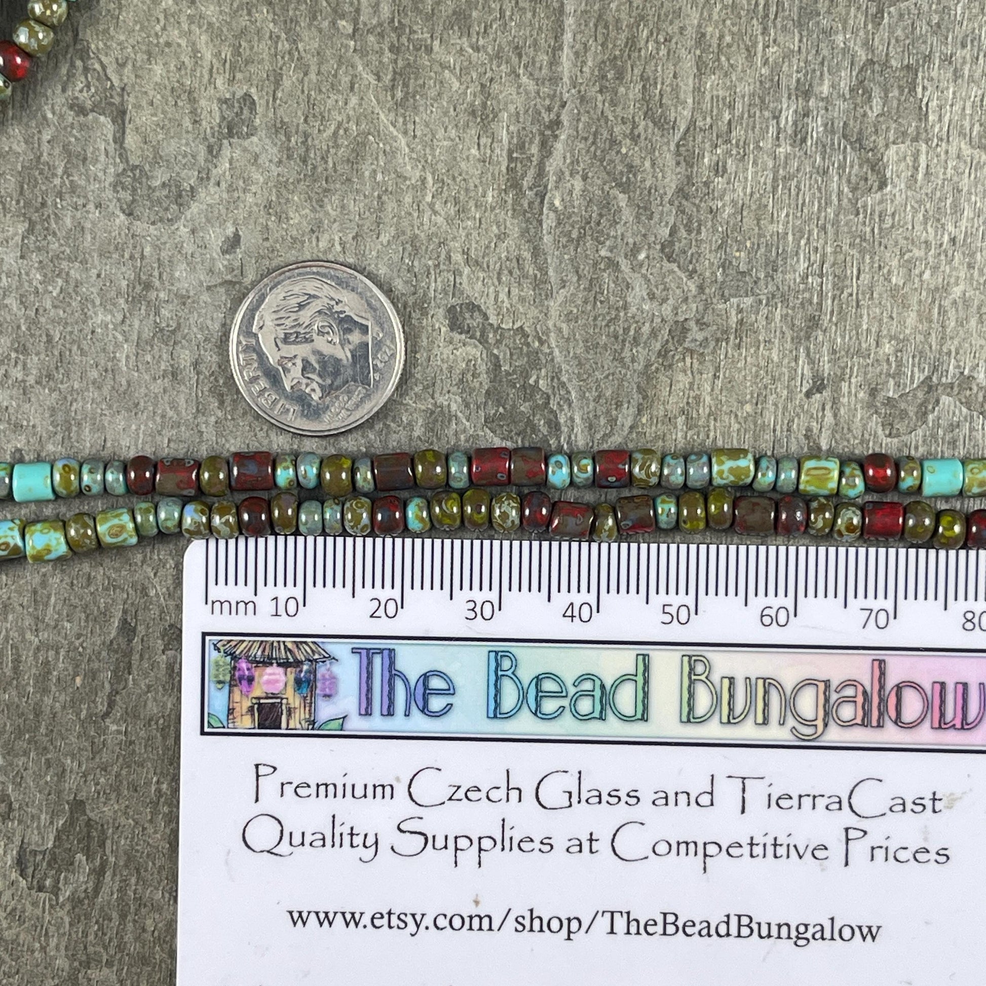 Aged Picasso Beads - 6/0 Czech Glass Mix with Tubes, Olive Green, Turquoise blue and Brick Red Picasso (6/0-DruidBugle) * 20" strand