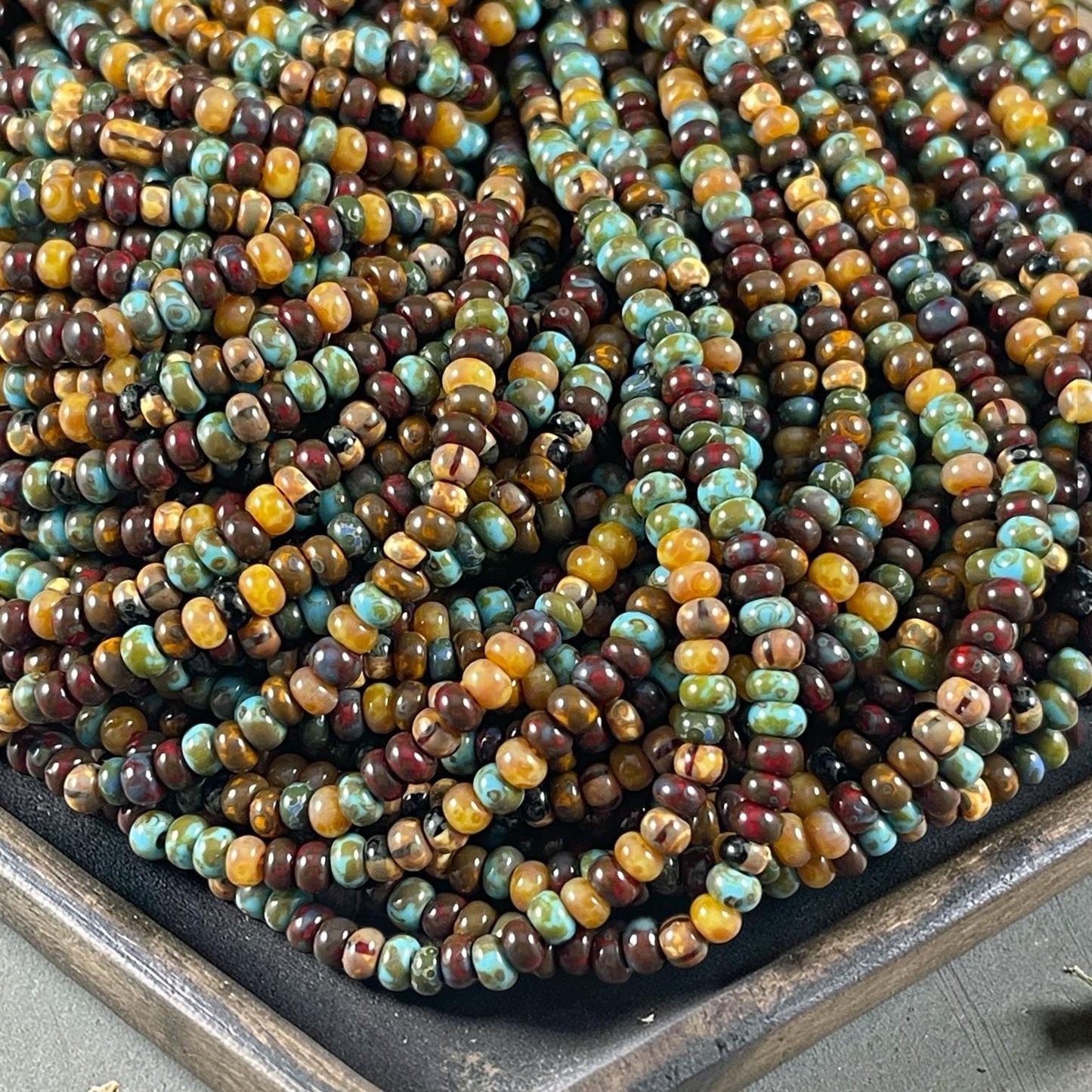 Aged Picasso Seed Beads - 3.5mm Czech Glass, Rustic Earth-tone Mix (7/0-Caribbean) * 20" Strand