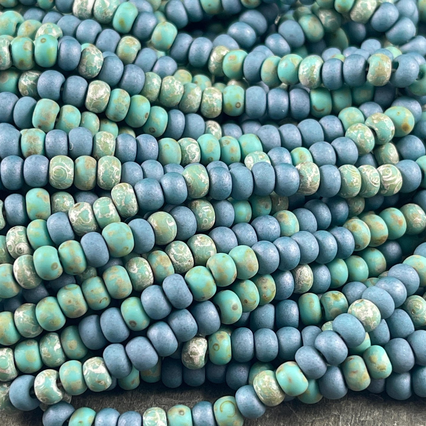 Aged Picasso Seed Beads - 4/0 Matte Denim and Turquoise Picasso Mix (4/0-BlueMatte) * 18" strand