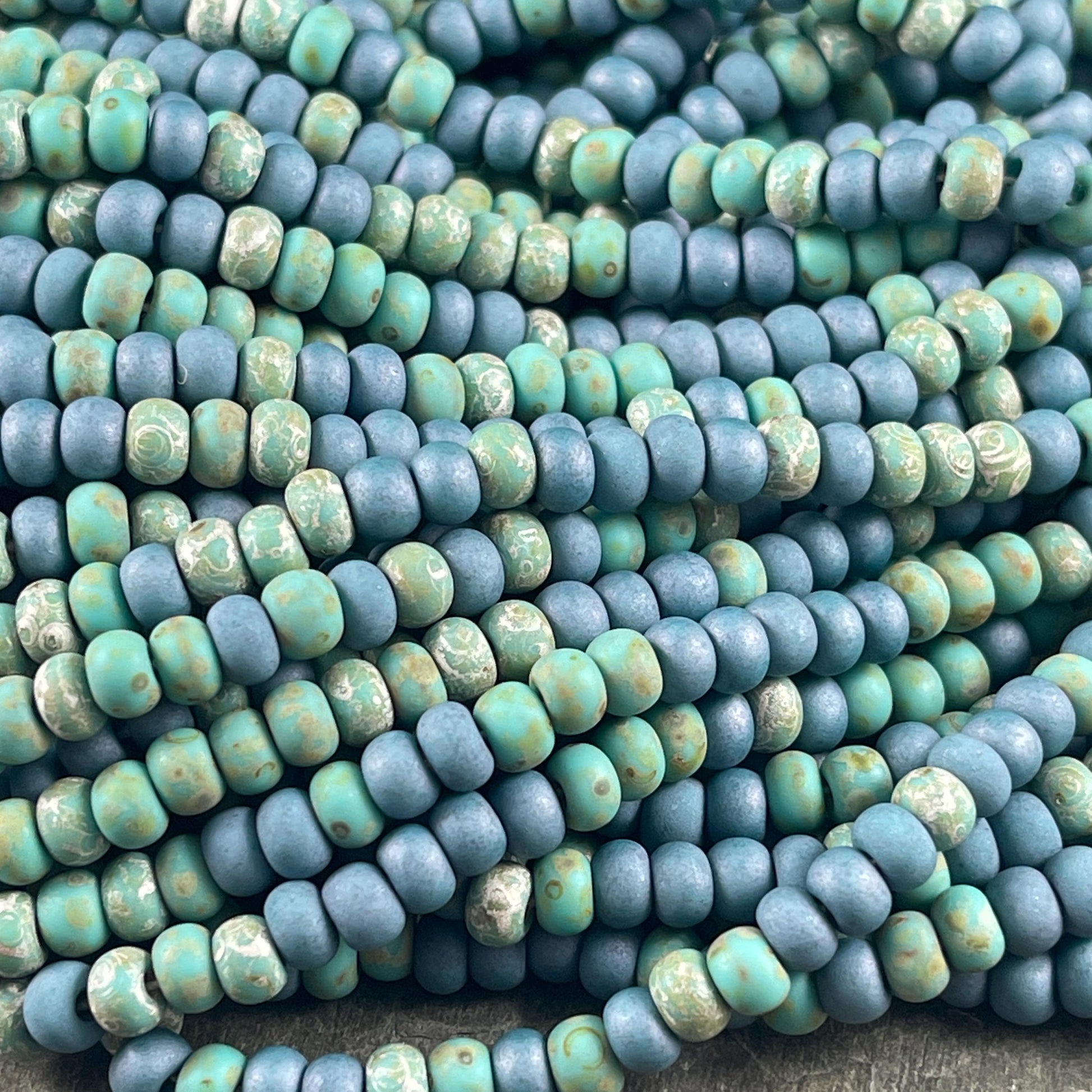 Aged Picasso Seed Beads - 4/0 Matte Denim and Turquoise Picasso Mix (4/0-BlueMatte) * 18" strand