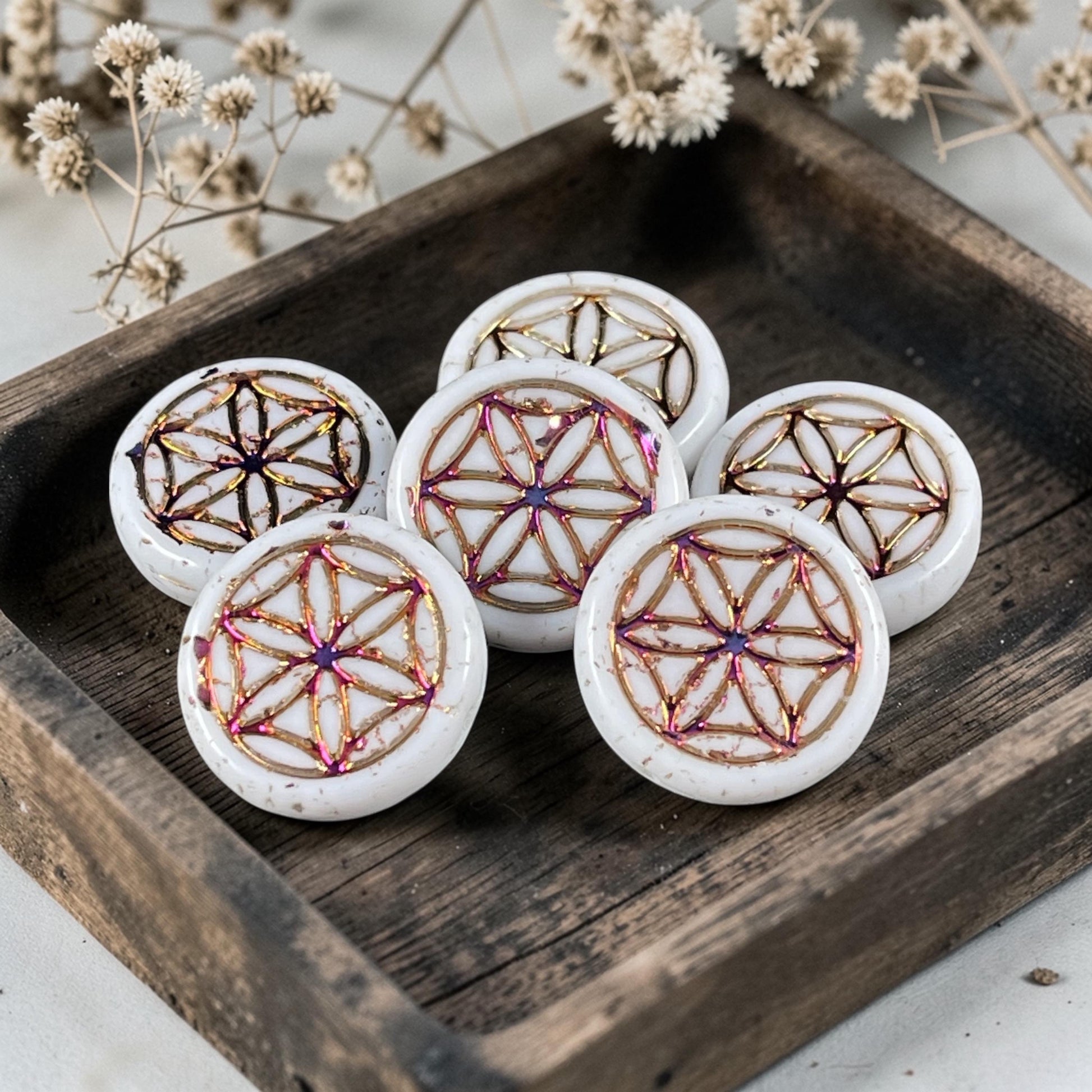 Czech Glass - Flower of Life 19mm Coin Bead, White with Sliperit Finish (N-2081) * Qty. 6