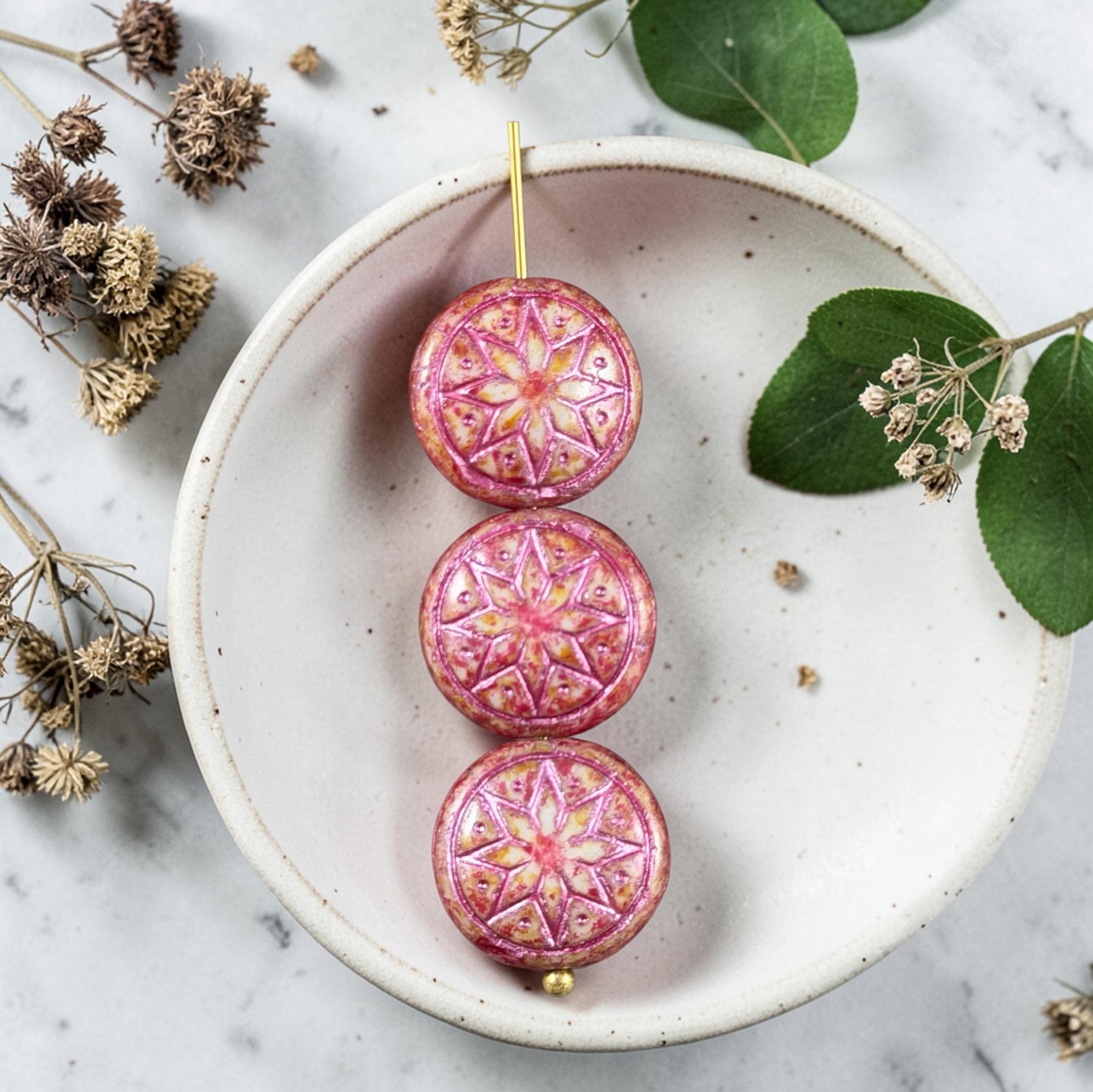 Czech Glass Beads - 14mm Star of Ishtar, Alabaster with Fuchsia and Metallic Pink (PSOI-7) * 6 Beads