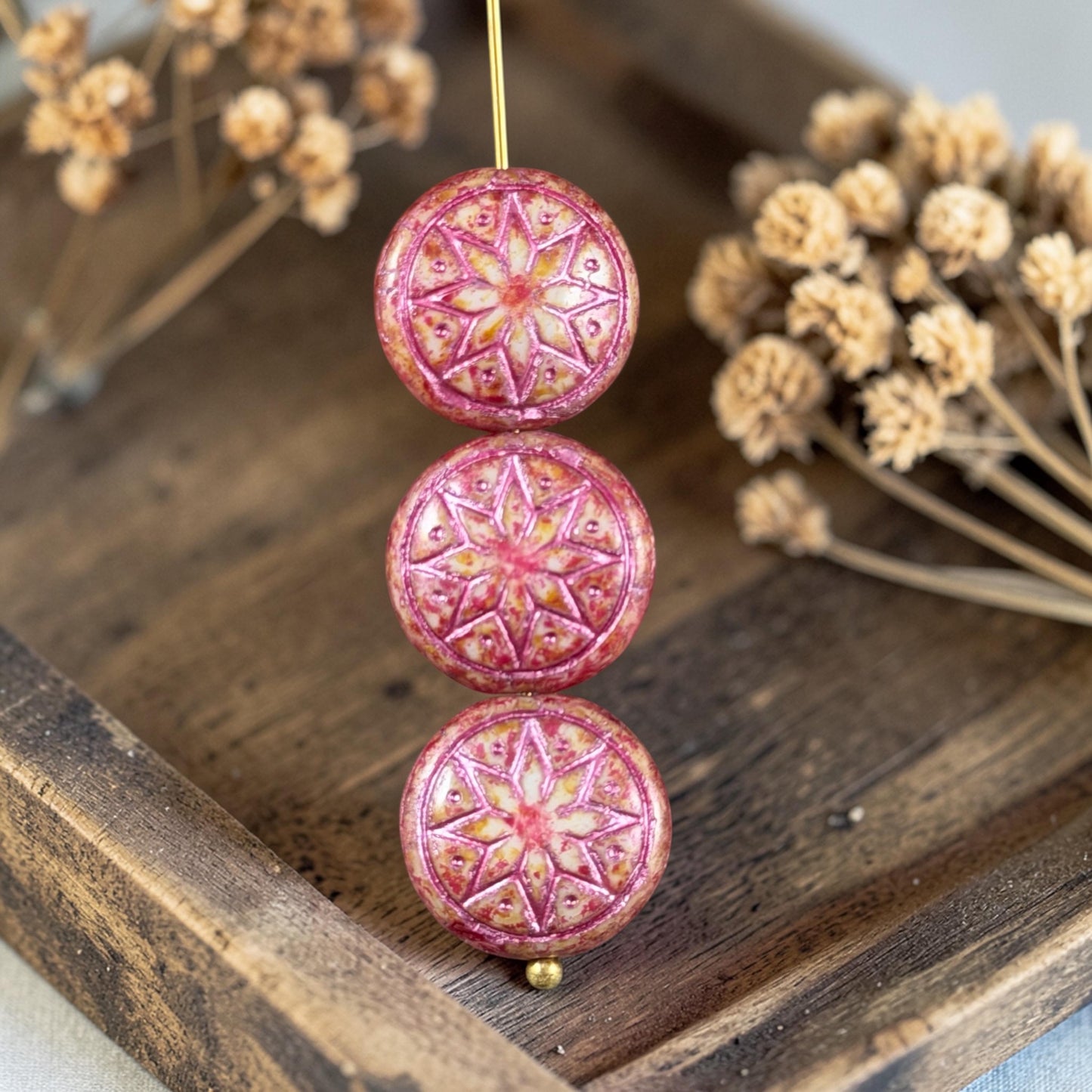 Czech Glass Beads - 14mm Star of Ishtar, Alabaster with Fuchsia and Metallic Pink (PSOI-7) * 6 Beads