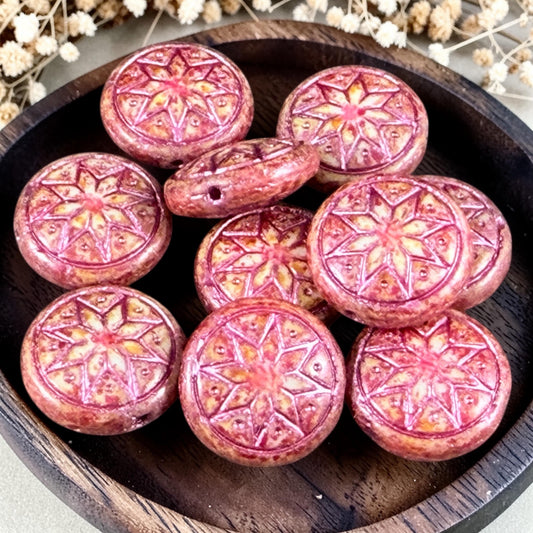 Czech Glass Beads - 14mm Star of Ishtar, Alabaster with Fuchsia and Metallic Pink (PSOI-7) * 6 Beads