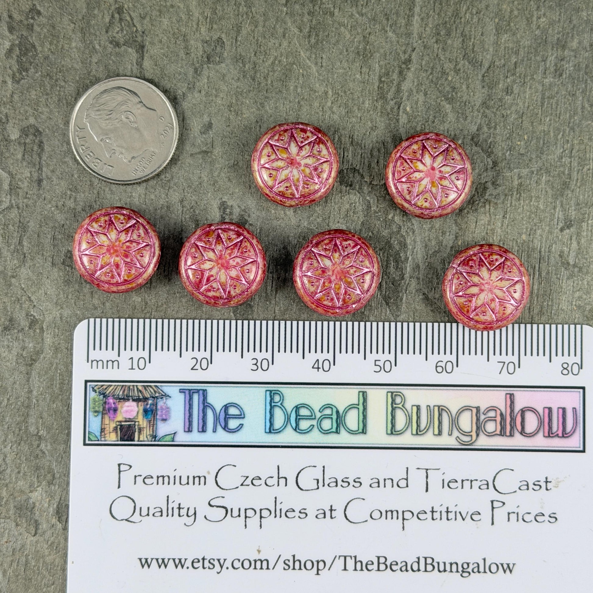 Czech Glass Beads - 14mm Star of Ishtar, Alabaster with Fuchsia and Metallic Pink (PSOI-7) * 6 Beads