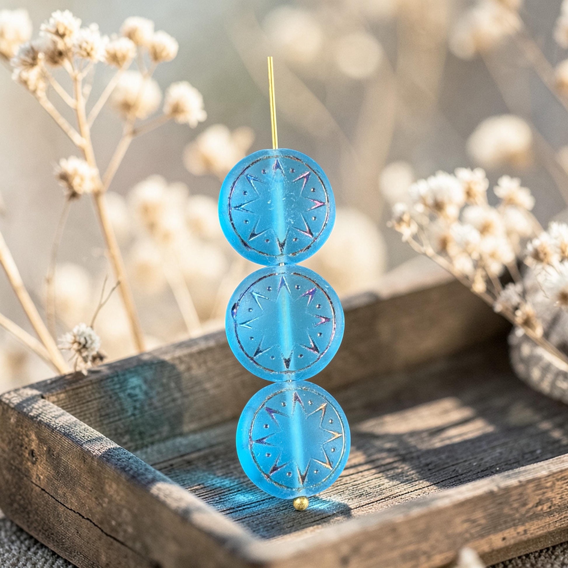 Czech Glass Beads - 14mm Star of Ishtar Coin, Matte Capri Blue with Sliperit Finish (PSOI-40) * Qty. 6