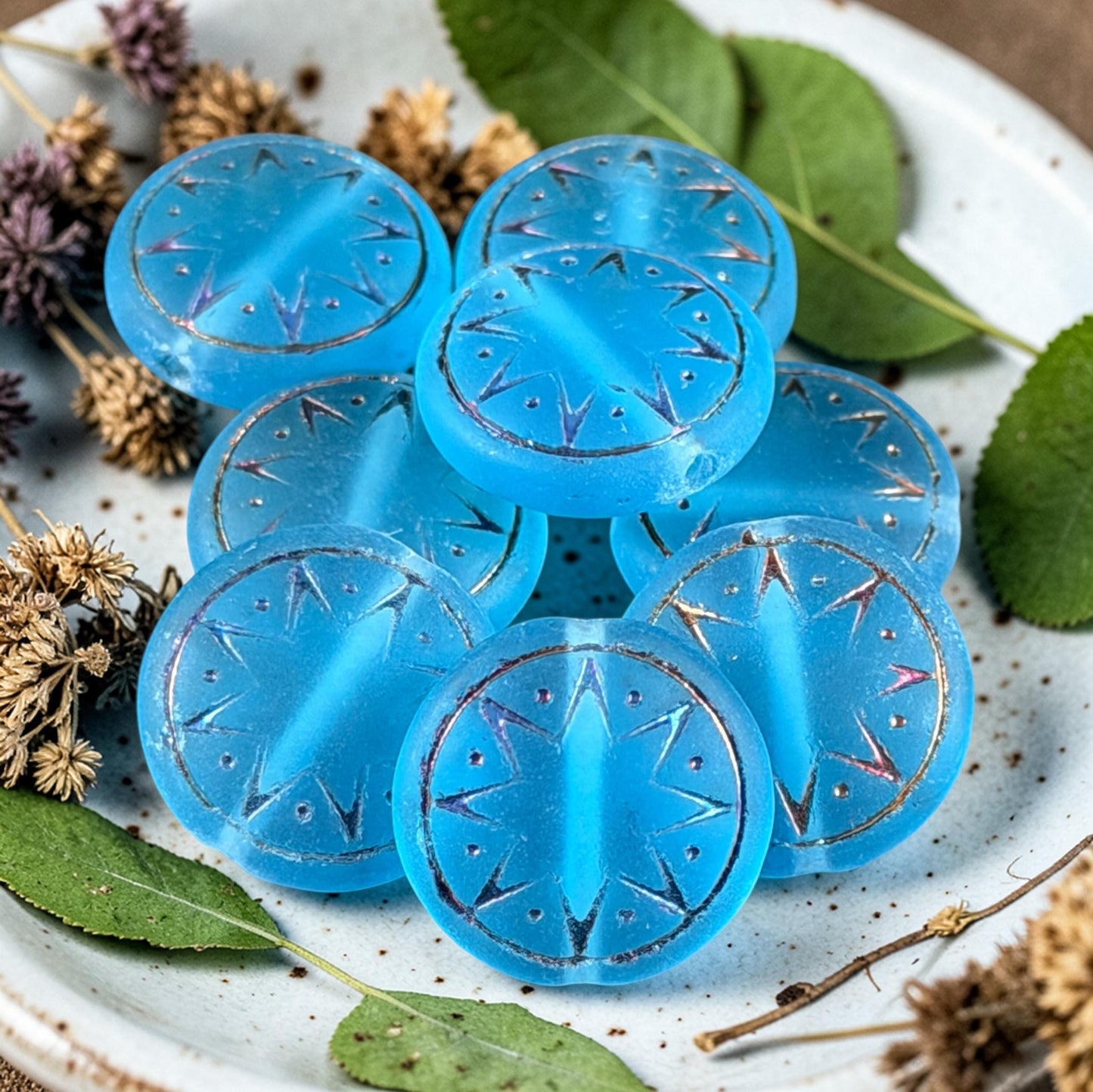 Czech Glass Beads - 14mm Star of Ishtar Coin, Matte Capri Blue with Sliperit Finish (PSOI-40) * Qty. 6