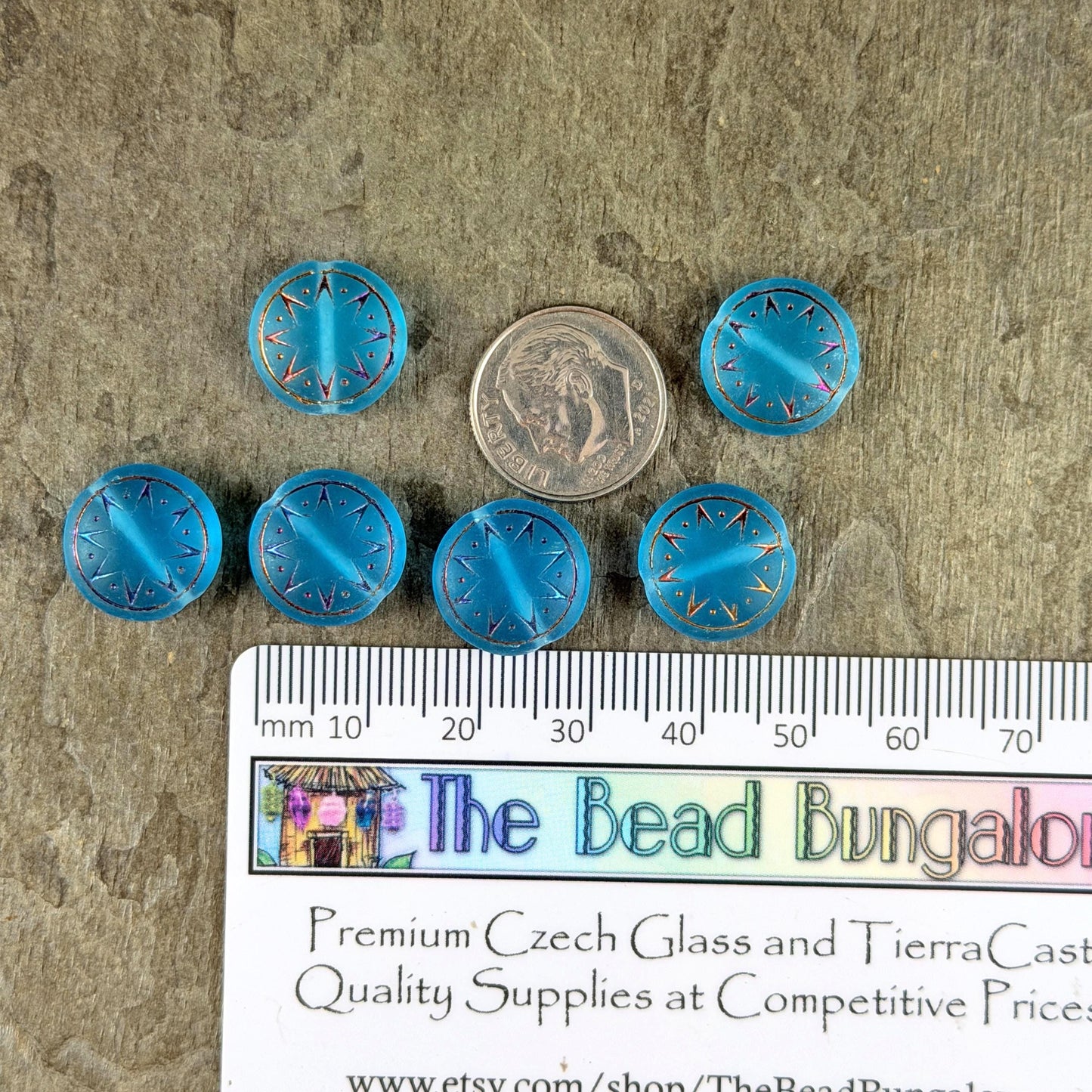 Czech Glass Beads - 14mm Star of Ishtar Coin, Matte Capri Blue with Sliperit Finish (PSOI-40) * Qty. 6