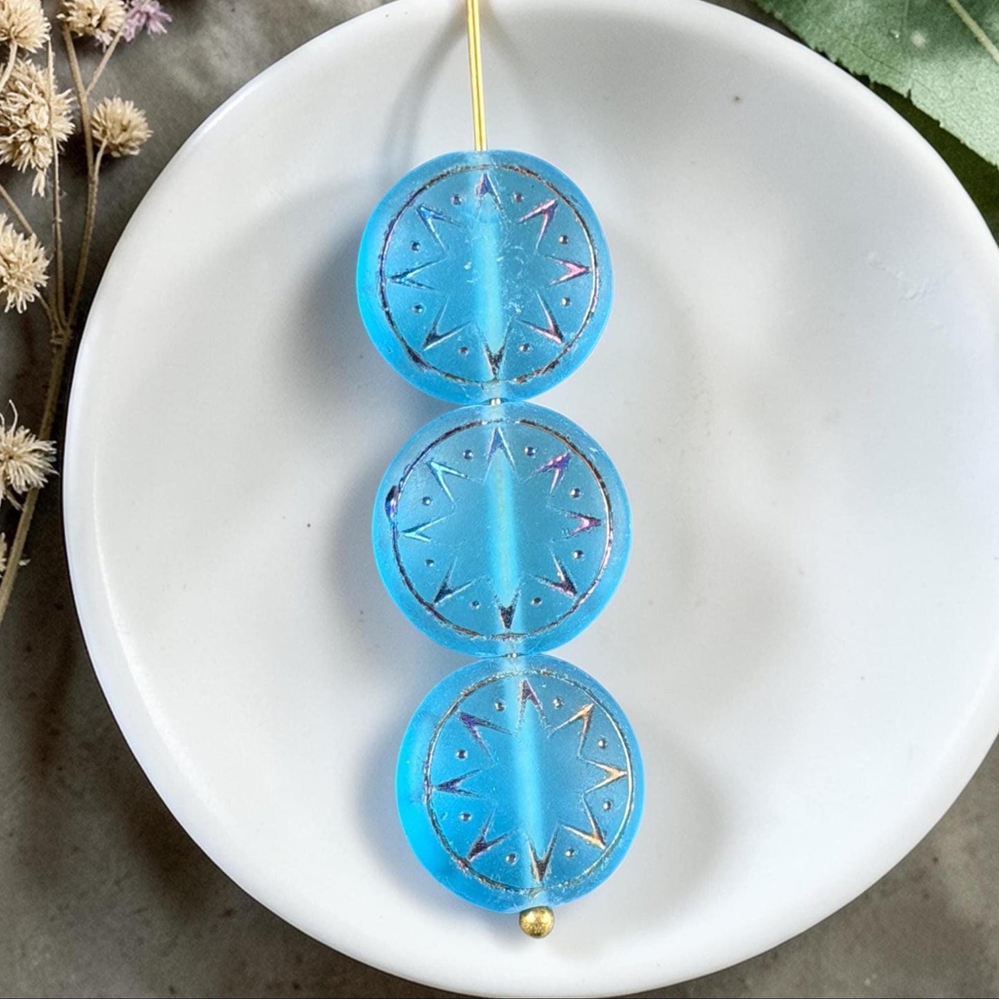 Czech Glass Beads - 14mm Star of Ishtar Coin, Matte Capri Blue with Sliperit Finish (PSOI-40) * Qty. 6