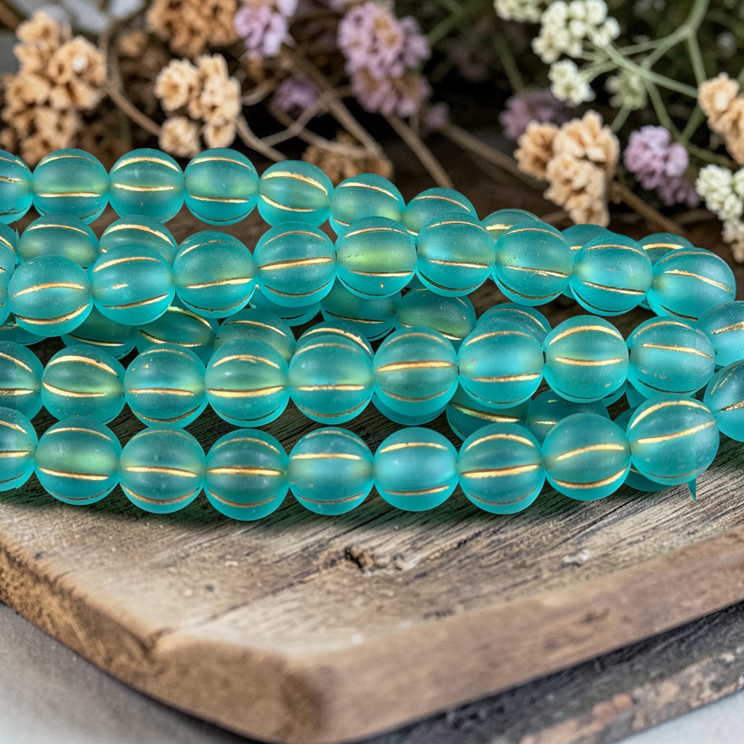 Czech Glass Beads - 8mm Melon, Matte Dark Aqua with Antiqued Gold Wash (ML8/AGm) * Qty. 16