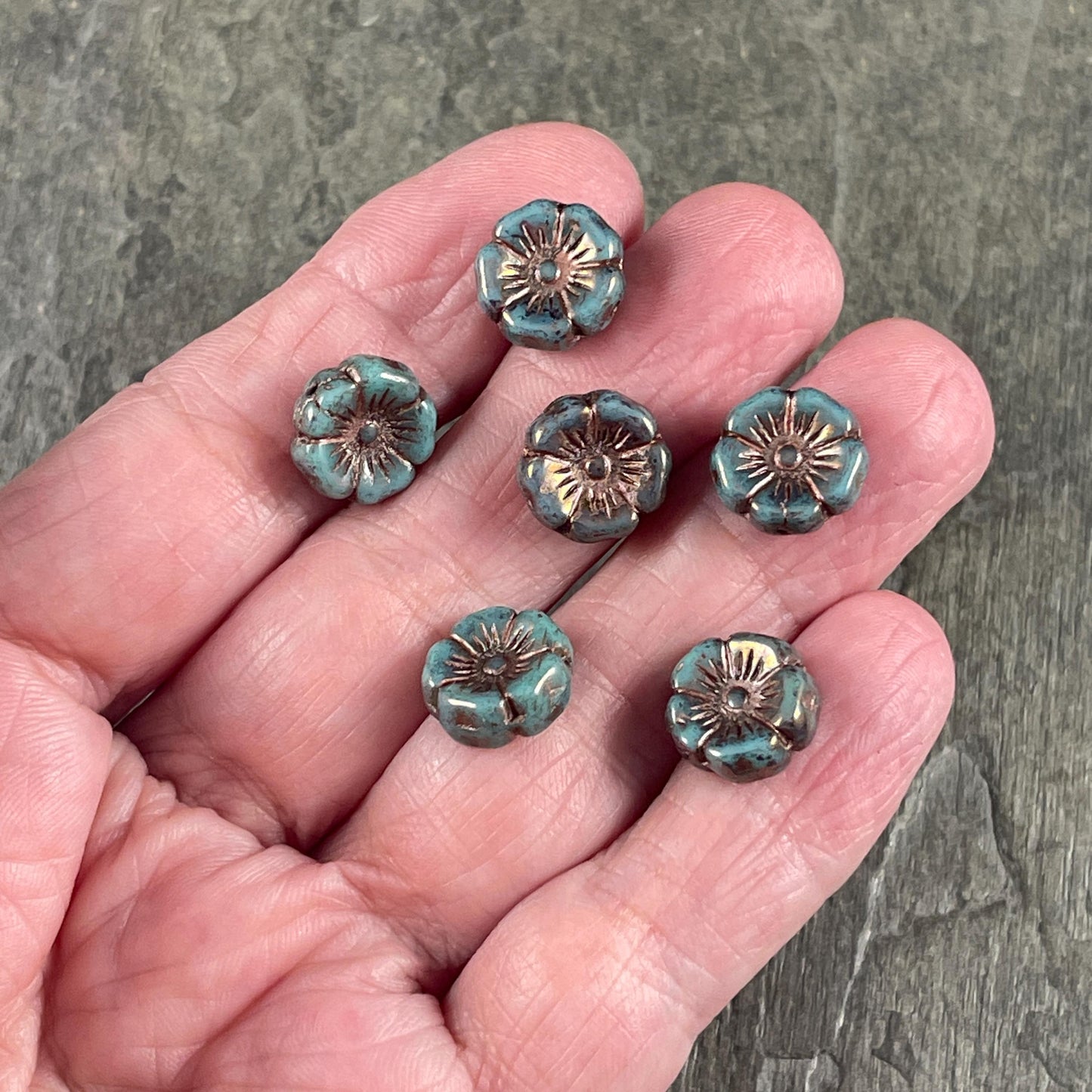 Czech Glass - 12mm Hibiscus Flower, Turquoise with Bronze Wash (FL12/N-1222) * 8 Beads