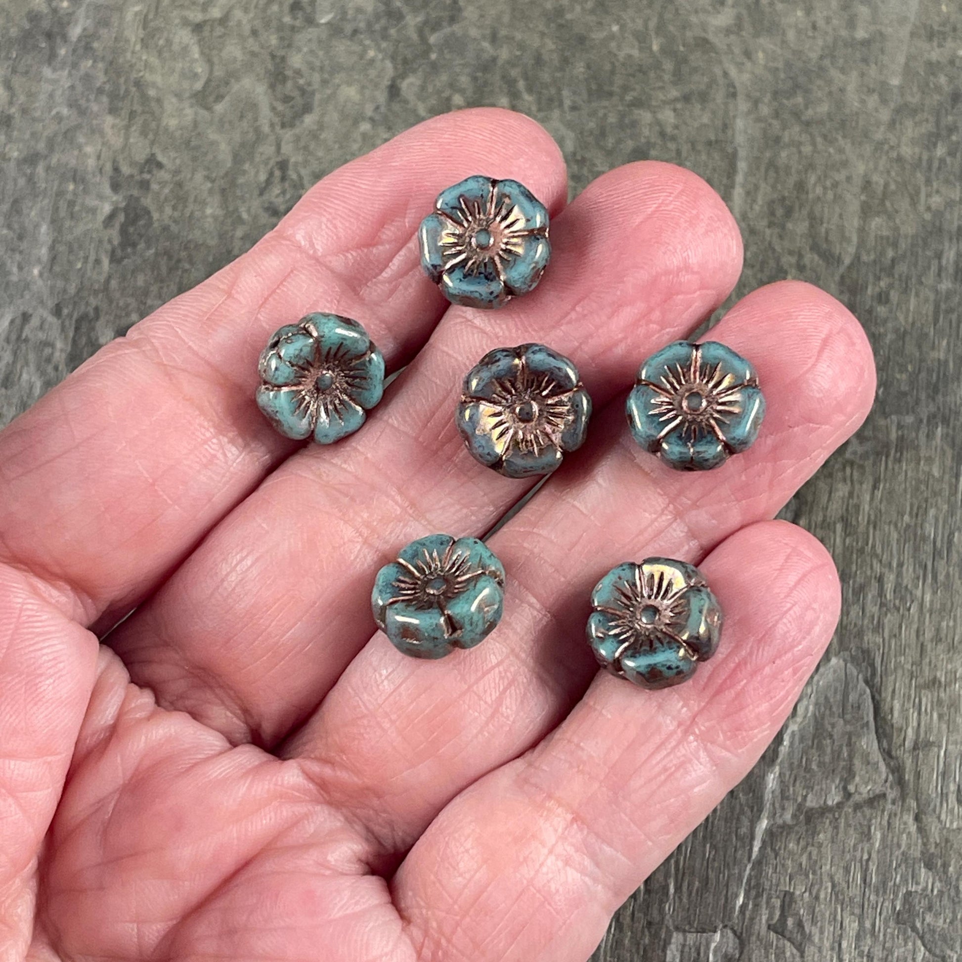 Czech Glass - 12mm Hibiscus Flower, Turquoise with Bronze Wash (FL12/N-1222) * 8 Beads