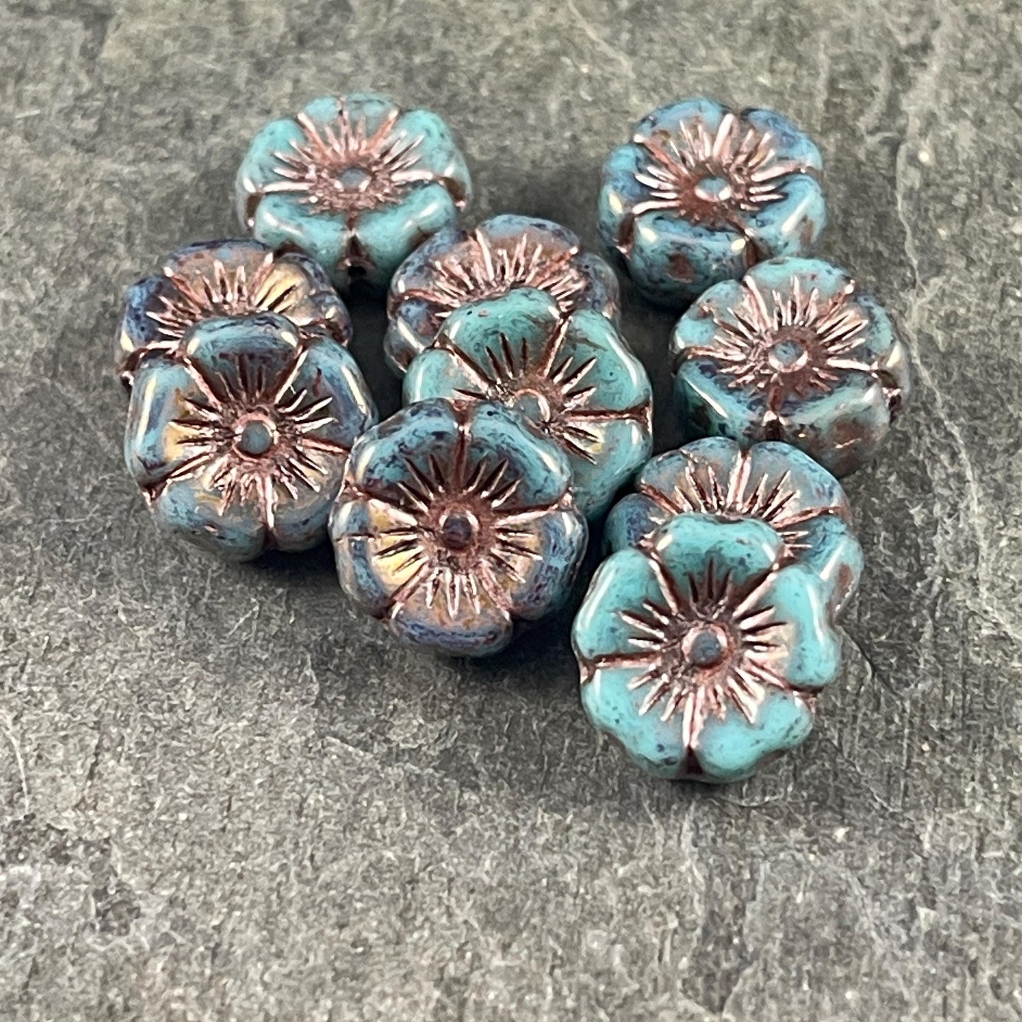 Czech Glass - 12mm Hibiscus Flower, Turquoise with Bronze Wash (FL12/N-1222) * 8 Beads