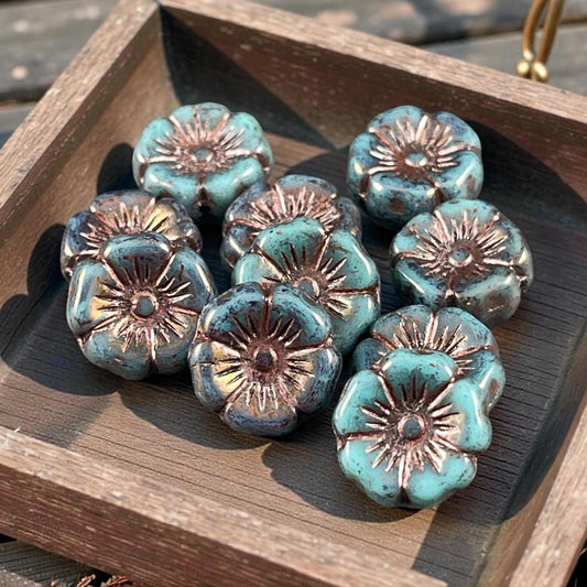 Czech Glass - 12mm Hibiscus Flower, Turquoise with Bronze Wash (FL12/N-1222) * 8 Beads