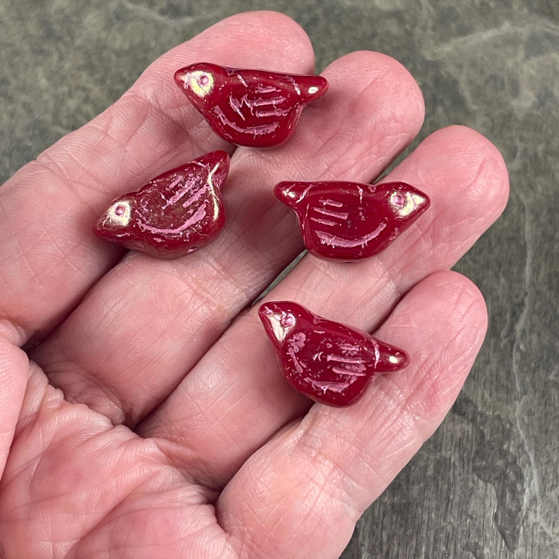 Czech Glass Beads - 11x22mm Chunky Bird, Cranberry Red with Pink Wash (N-0733) * 3 Beads