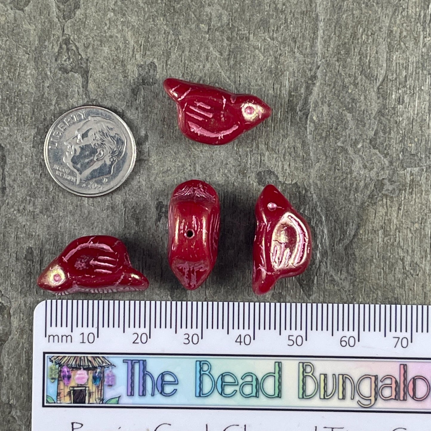 Czech Glass Beads - 11x22mm Chunky Bird, Cranberry Red with Pink Wash (N-0733) * 3 Beads