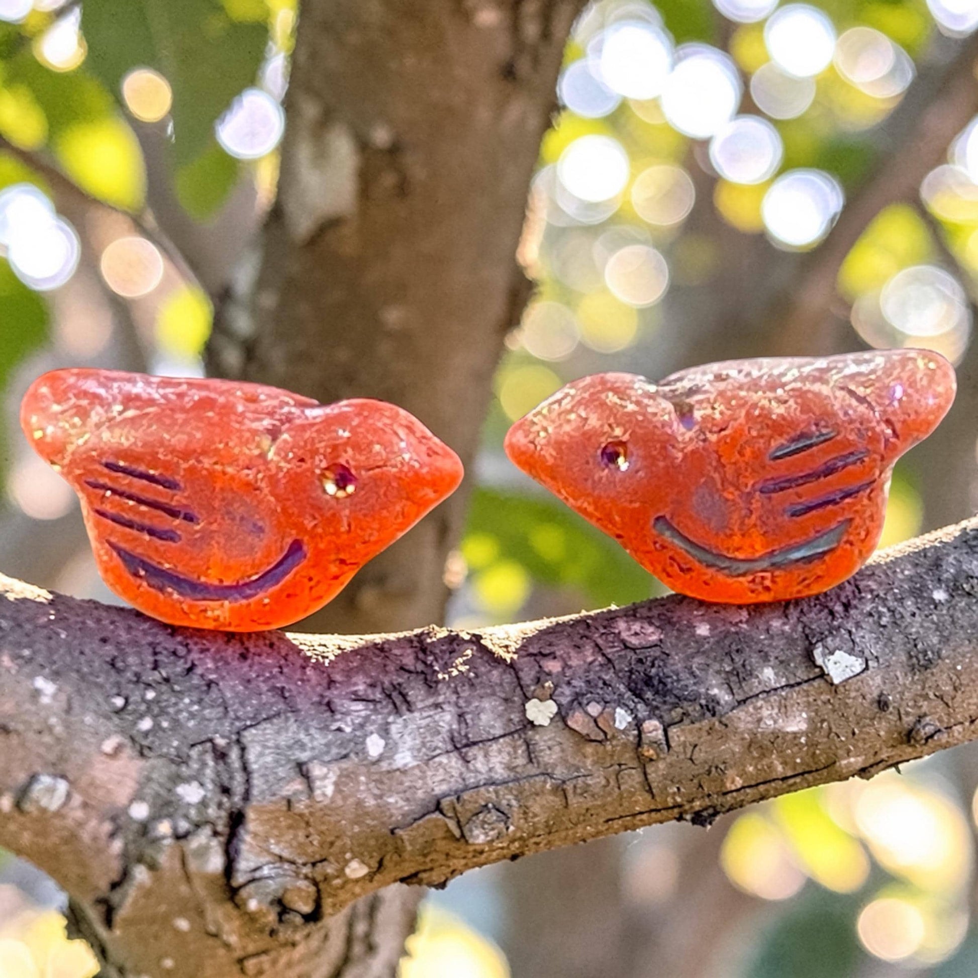Czech Glass Beads - 11x22mm Chunky Bird, Matte Bright Orange with Sliperit Wash (N-0733) * 4 Beads
