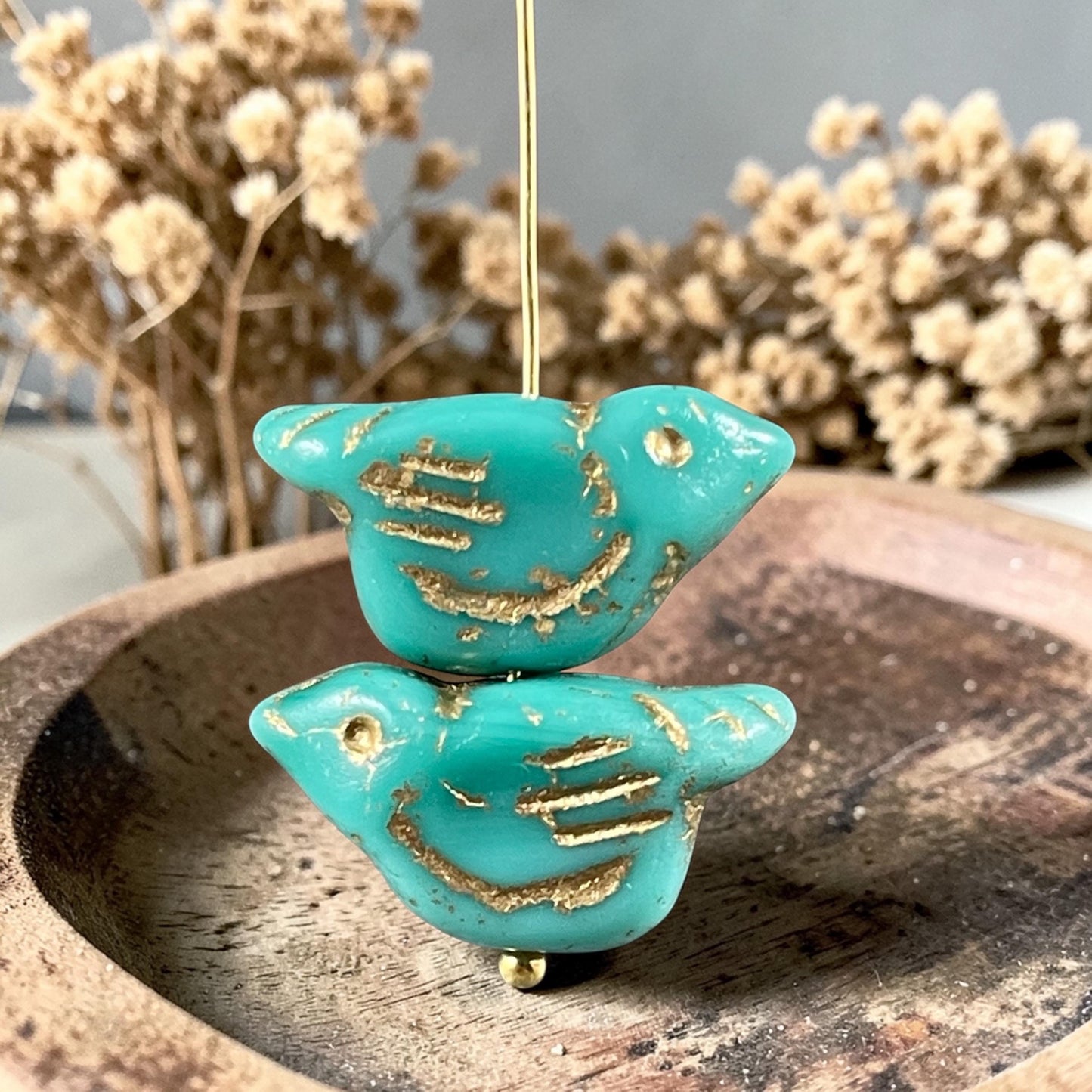Czech Glass Beads - 11x22mm Chunky Bird, Turquoise with Gold Wash (N-2164) * 4 Beads