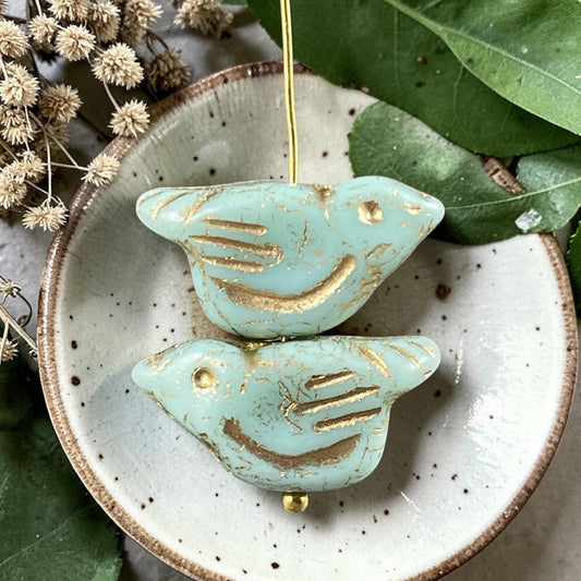 Czech Glass Beads - 11x22mm Chunky Bird, Pale Mint with Gold Wash (N-1618) * 3 Beads