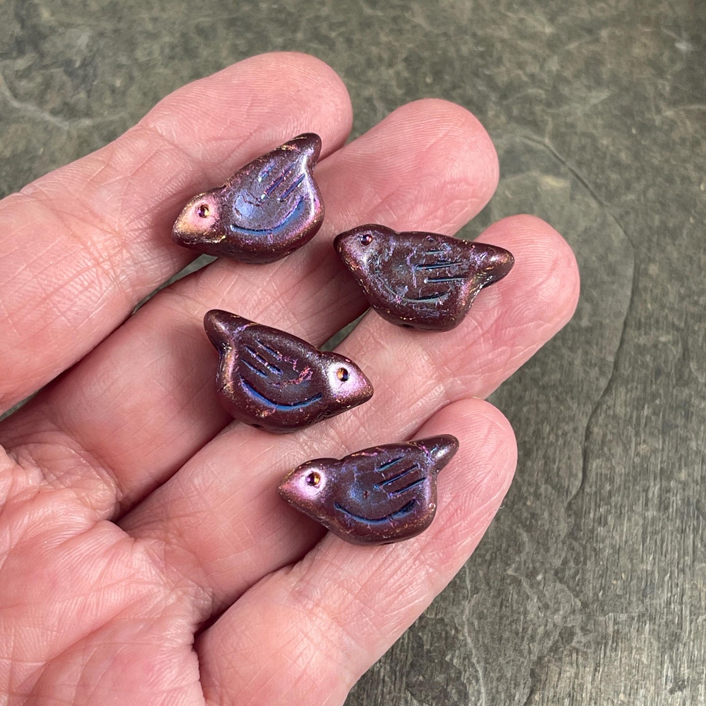 Czech Glass Beads - 11x22mm Chunky Bird, Dark Plum with Iridescent Wash (N-0563) * 3 Beads