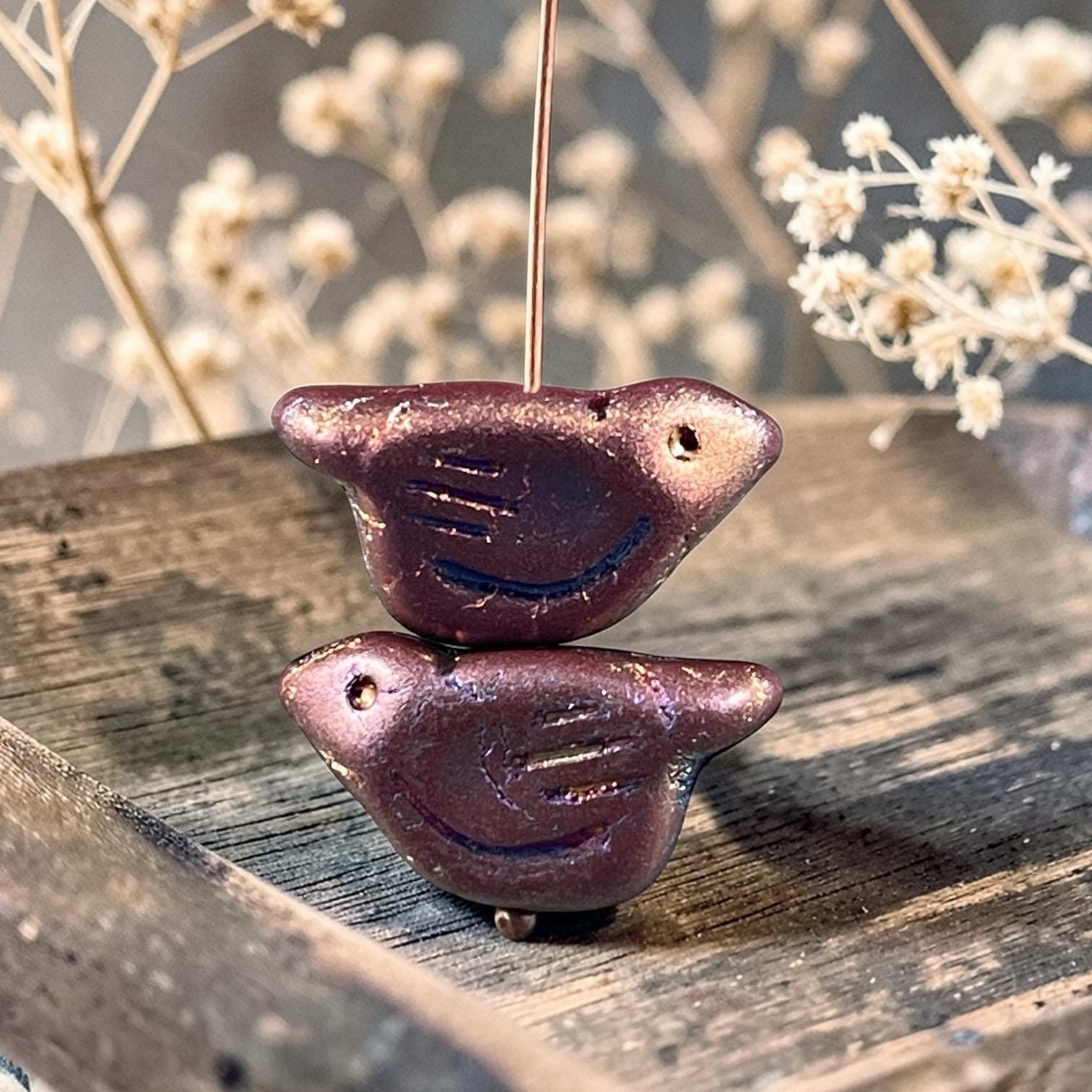 Czech Glass Beads - 11x22mm Chunky Bird, Dark Plum with Iridescent Wash (N-0563) * 3 Beads