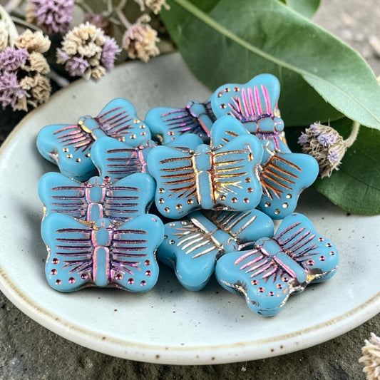 Czech Glass - 16x11mm Butterfly Shape Bead - Sky Blue with Sliperit Finish (FLY/N-0393) * 6 Beads