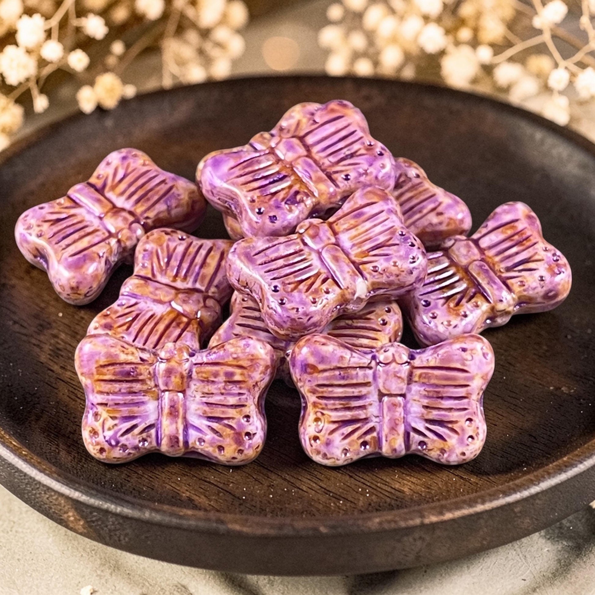 Czech Glass - 16x11mm Butterfly Shape Bead - Thistle with Picasso and Purple Finishes (FLY/N-1536) * 6 Beads