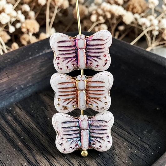 Czech Glass - 16x11mm Butterfly Shape Bead - White with Sliperit Finish (FLY/N-1914) * 6 Beads