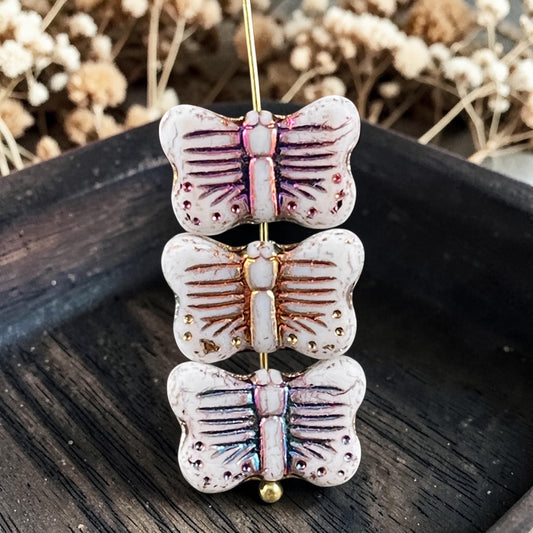 Czech Glass Butterfly Beads - 16x11mm White with Sliperit Finish (FLY/N-1914) * 6 Beads