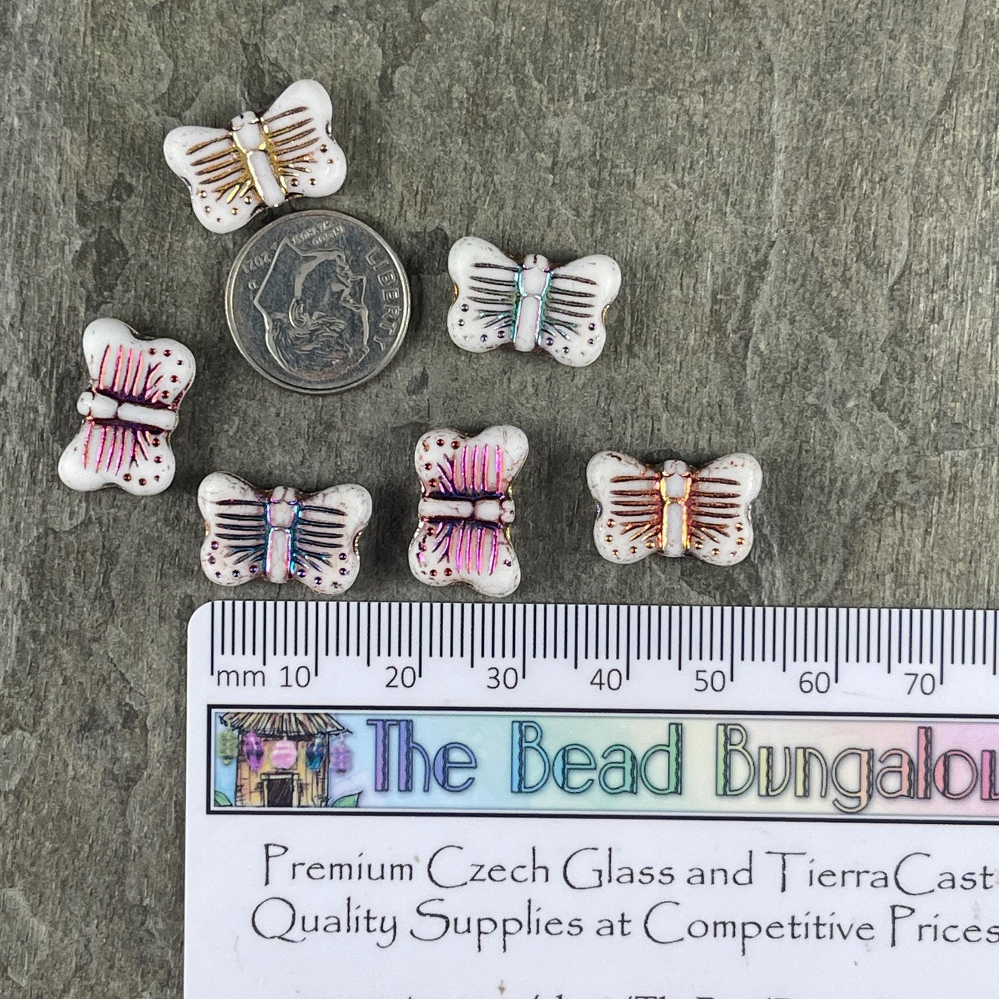 Czech Glass - 16x11mm Butterfly Shape Bead - White with Sliperit Finish (FLY/N-1914) * 6 Beads