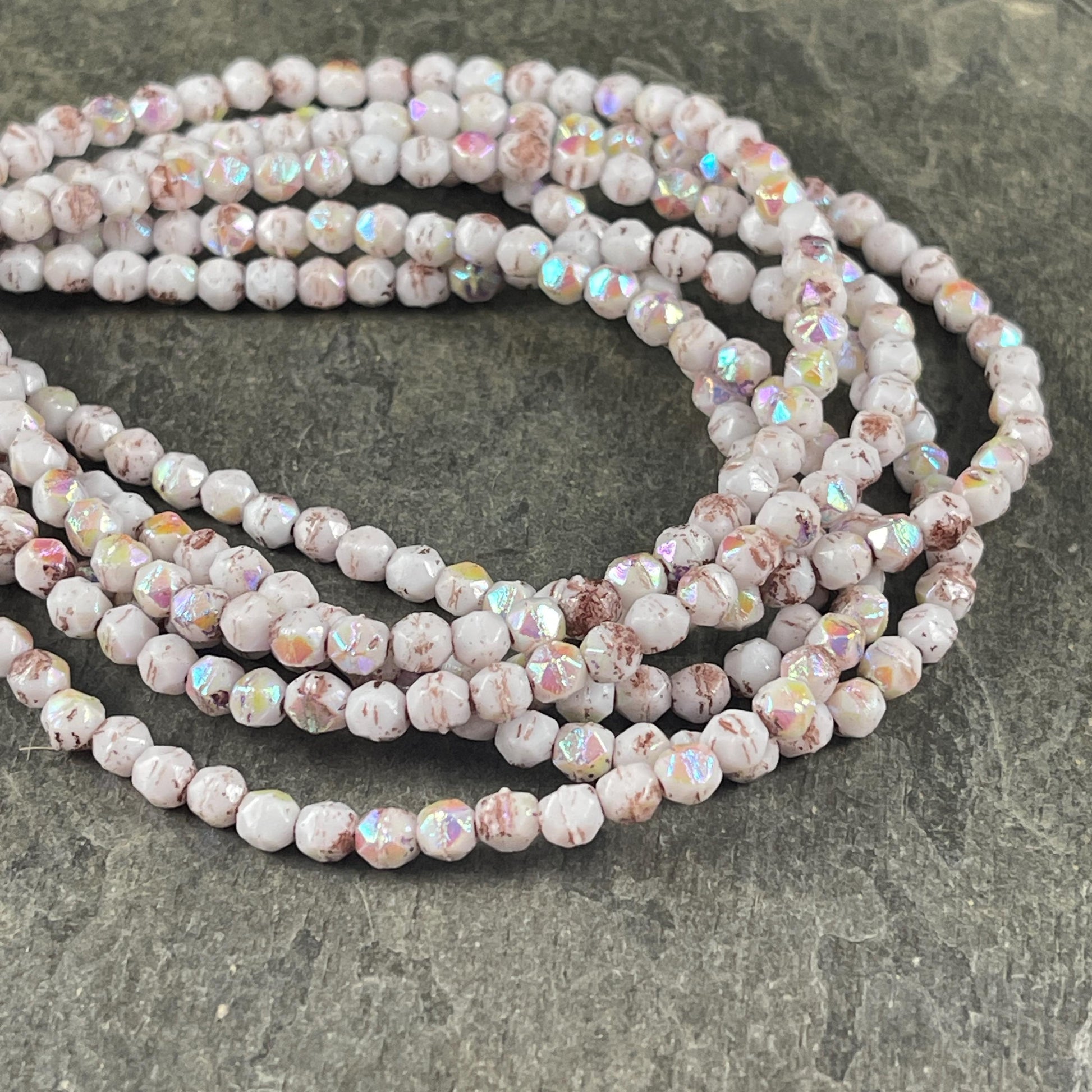 Czech Glass Beads - 4mm English Cut, White with Rainbow AB and Brown Wash (EC/N-0129) * Qty. 50