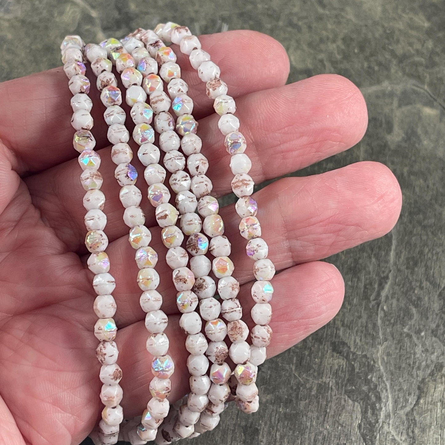 Czech Glass Beads - 4mm English Cut, White with Rainbow AB and Brown Wash (EC/N-0129) * Qty. 50